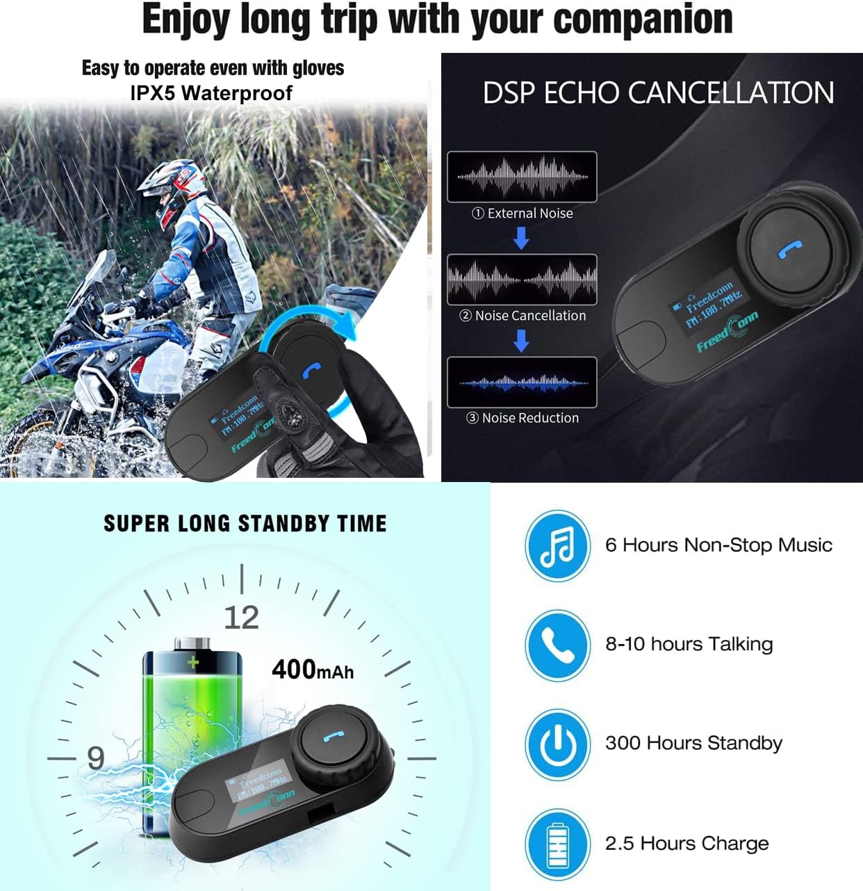 FreedConn TCOM-SC Motorcycle Helmet Bluetooth Intercom Headset Communication Systems Kit, for 2 or 3 Riders, LCD Screen/FM Radio/Mobile phone/MP3/GPS Connective/Range 800m / Handsfree (2 Set)