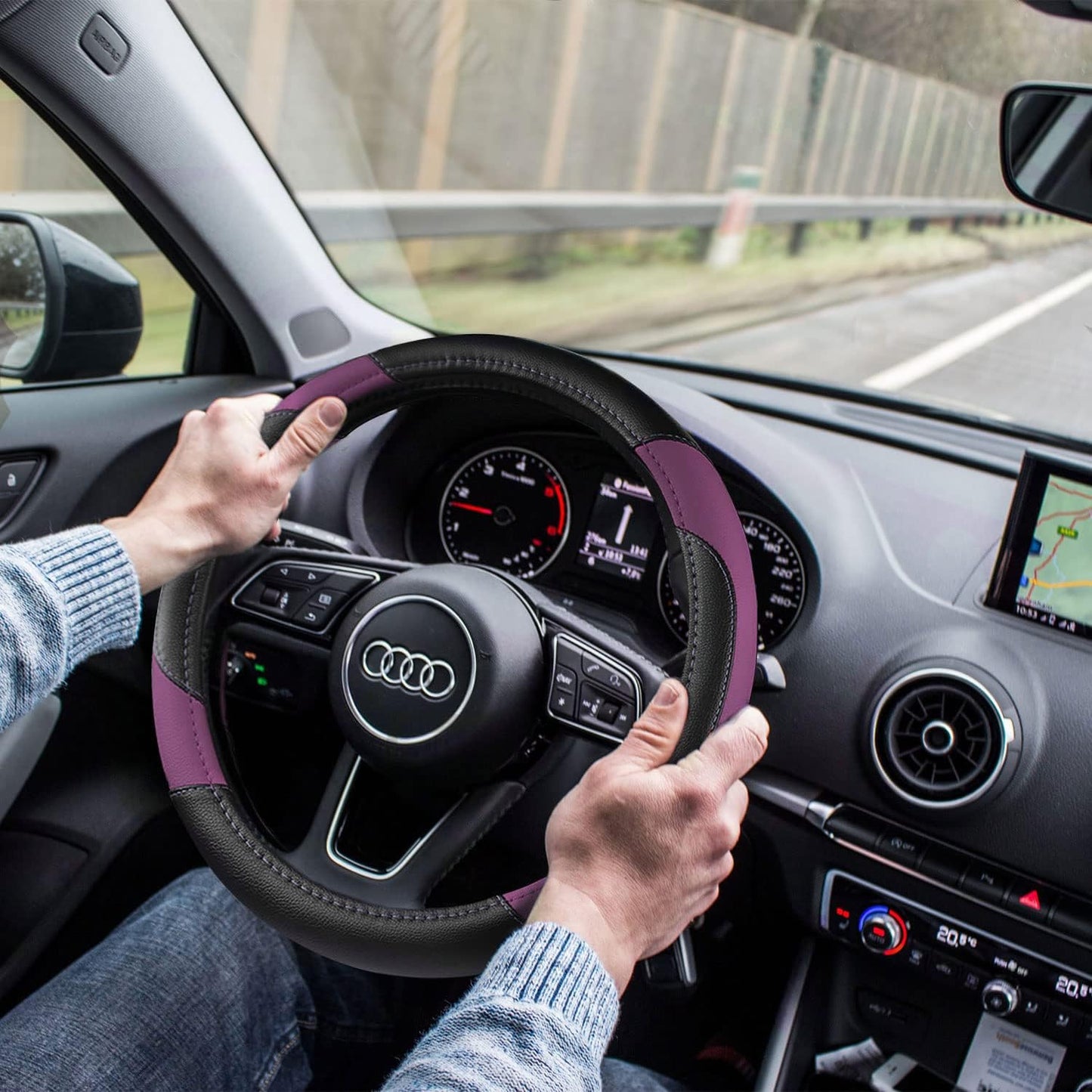 Leather Car Steering Wheel Cover, Non-Slip Car Wheel Cover Protector Breathable Microfiber Leather Universal Fit for Most Cars (Purple-2)