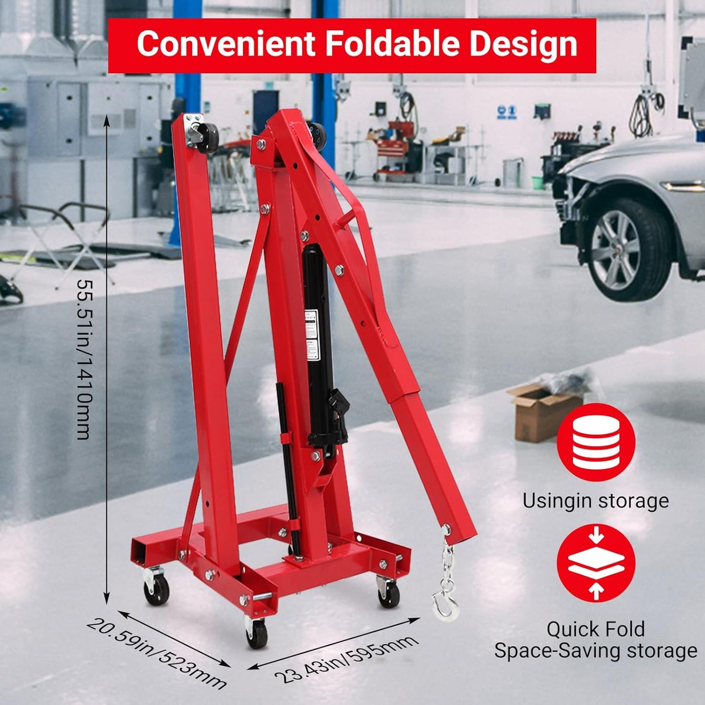 2 Ton Engine Hoist, Folding Cherry Picker Engine Hoist with Lever and 6 Casters, 4400lbs Heavy Duty Hydraulic Shop Crane, Engine Crane Lifter for Workshops Garage Warehouse