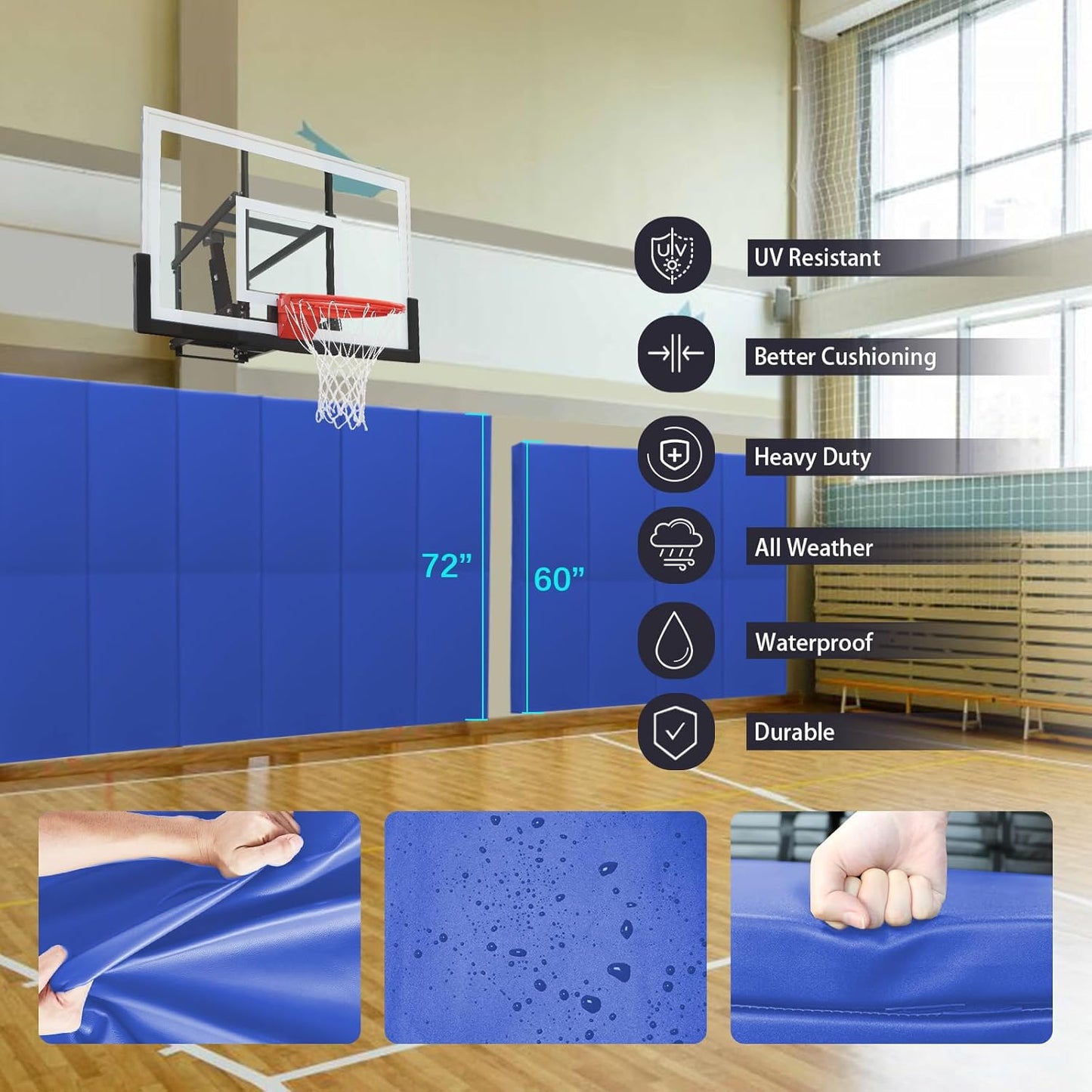 PROGOAL 60"/72" High Gym Wall Padding 2"/4" Thick Foam Basketball Court Wall Mount Protector for Garage Taekwondo Babyroom - Durable Waterproof Anti-Cushion