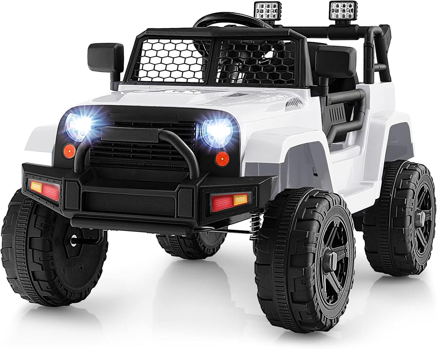 Costzon Ride on Car, 12V Battery Powered Truck Vehicle with Remote Control, Spring Suspension, Headlights, Music, Horn, MP3, USB & Aux Port, Gift for Boys Girls, Electric Car for Kids (White)
