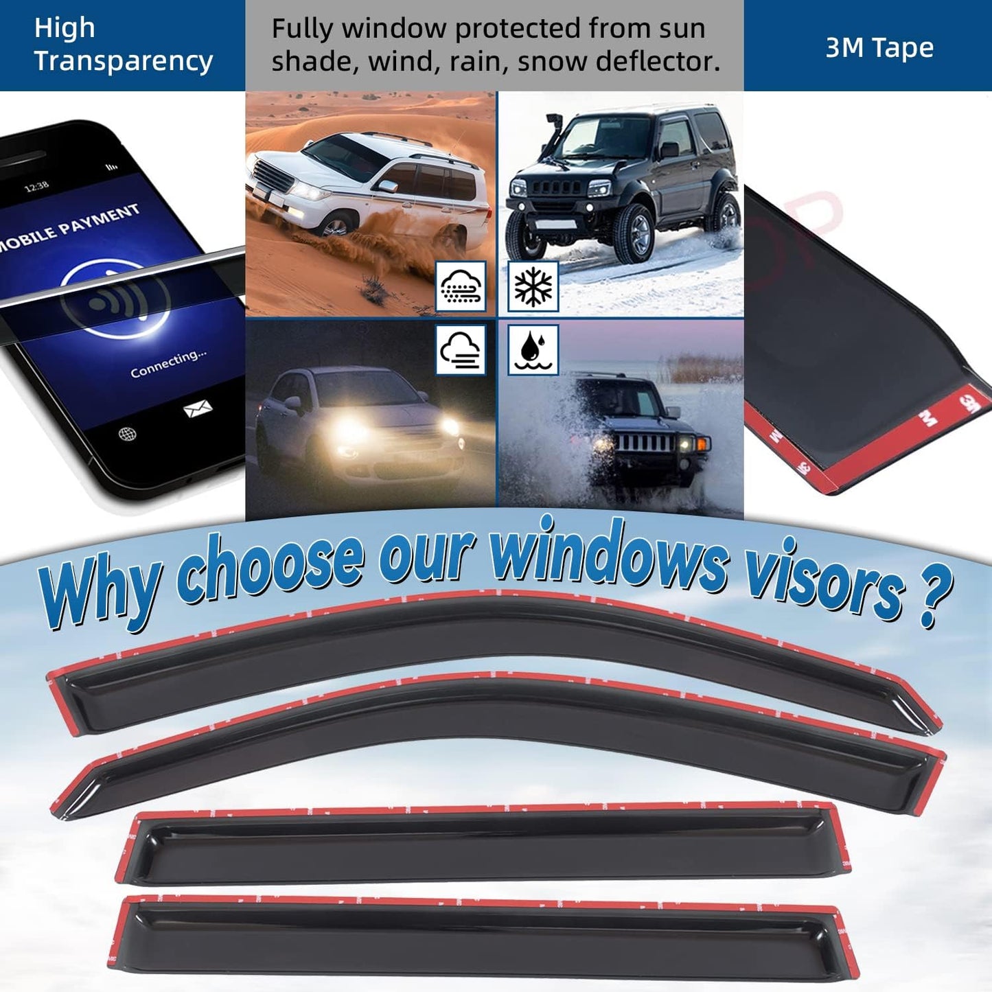 Set of 4 Front+Rear Smoke Sun/Rain Guard Outside Mount Tape-On Acrylic Window Visors Compatible with 03-08 Pilot