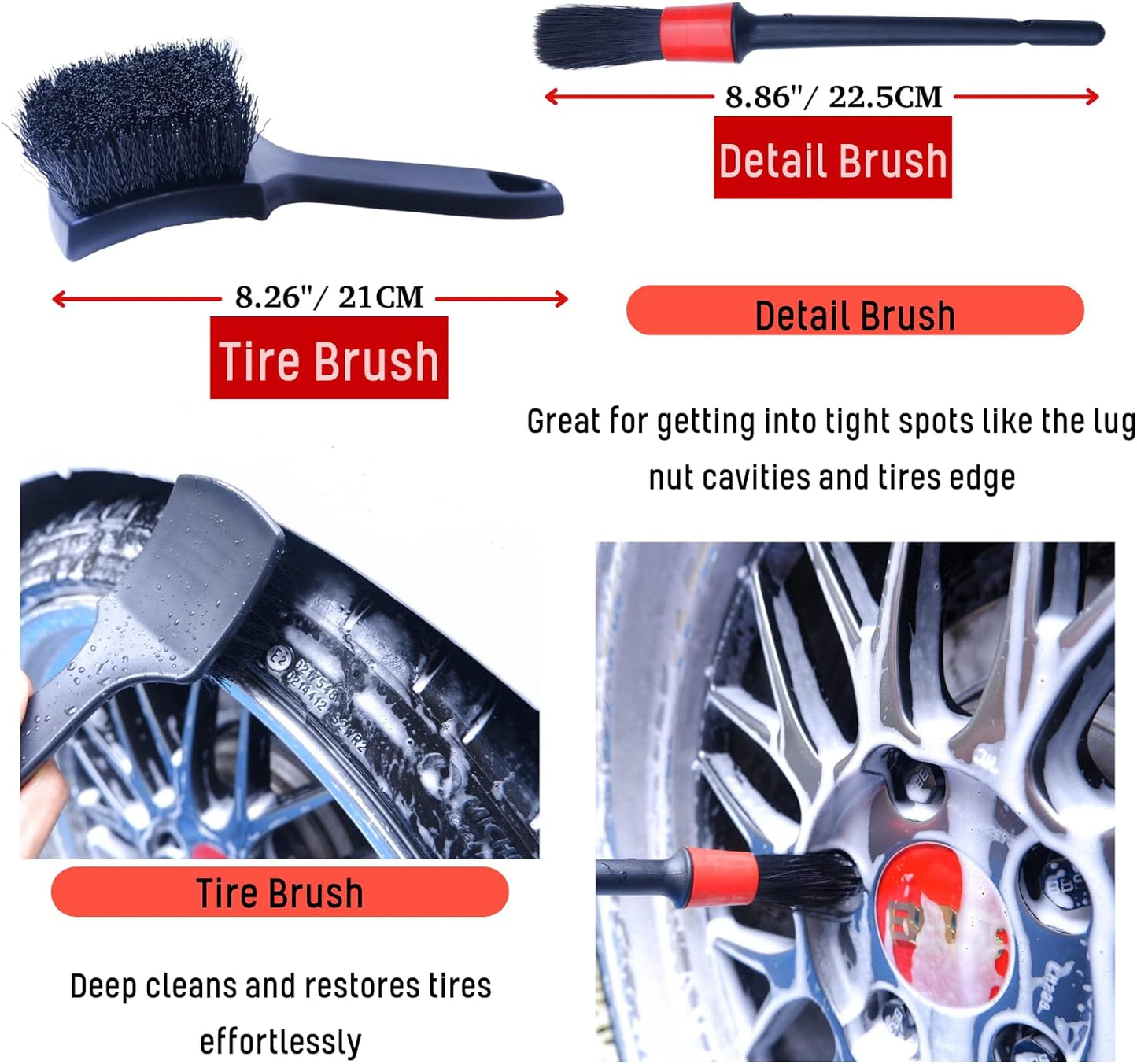 Professional 4 Pack Long Handle Wheel Brush Kit for Cleaning Wheel and Tire- 2X Soft Wheel Cleaning Brush, Detailing Brush and Stiff Tire Brush, Bendable& Durable Wheel Rim Cleaner Brush Set