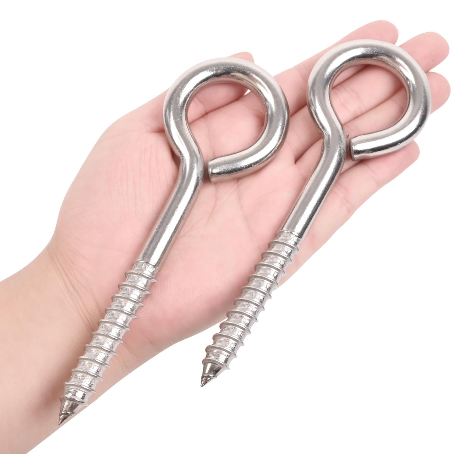 4Pcs 6 Inch Heavy Duty Screw Eyes Hooks, 304 Stainless Steel Self Tapping Eyelet Screw Eye Bolts,800LBS Breaking Strength, Screw in Eye Hooks for Wood Securing Cables Wire. (4, M10-6 Inch)