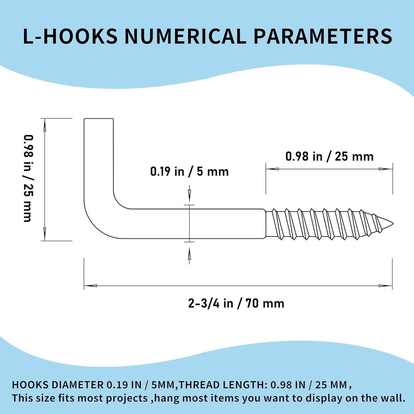 304 Stainless Steel M5 Screw-in Hooks 60 Pcs,7 Shape Screw Hooks,Right Angle Medal Hooks l Shaped Screw in Hooks for Hanging