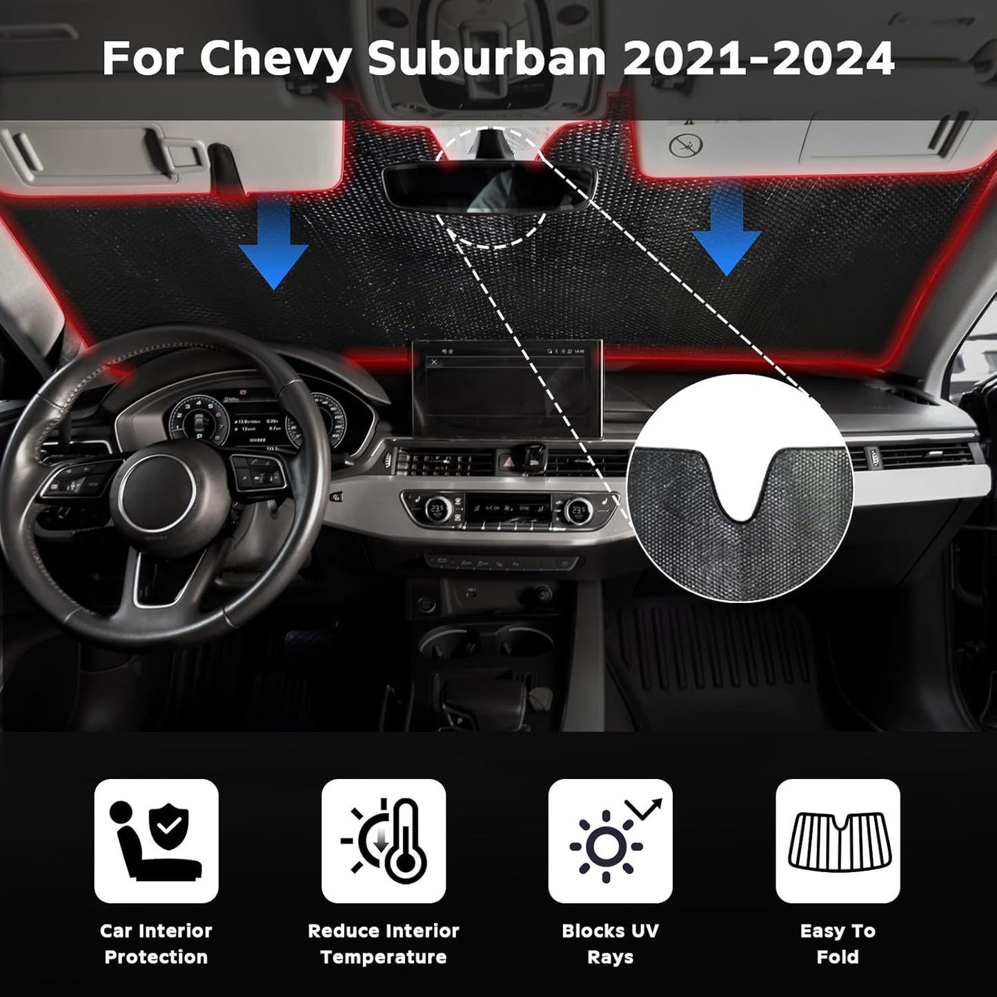 Windshield Sun Shade for Chevrolet Chevy Suburban 2021-2024 - 5-Layer Bubble Foldable Front Window Shade Sun Visor Accessories - Blocks Heat & UV Rays