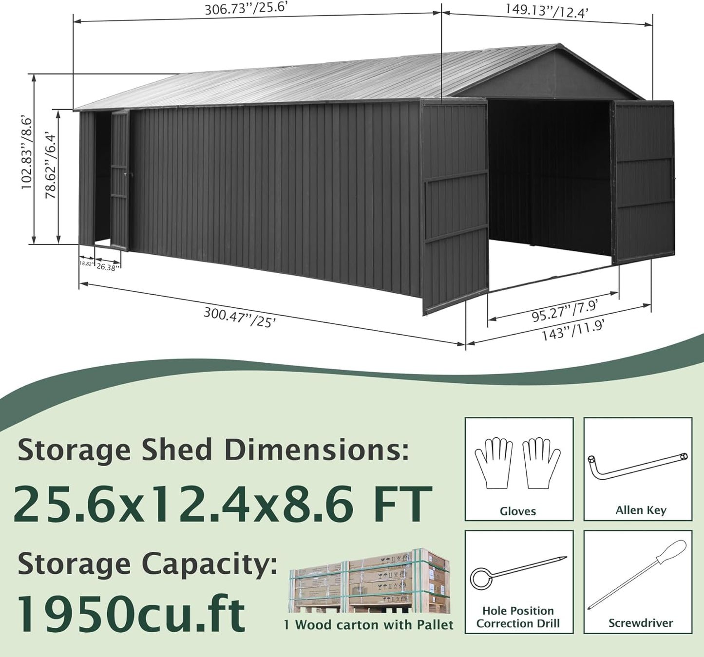 Domi 12'x25' Outdoor Metal Garage Shed, Weatherproof Enclosed Carport with Sidewalls & 2 Lockable Doors, Extra Large Backyard Storage Shed for Car, Truck,Lawn Mower, 80MPH Wind Resistance, Dark Grey