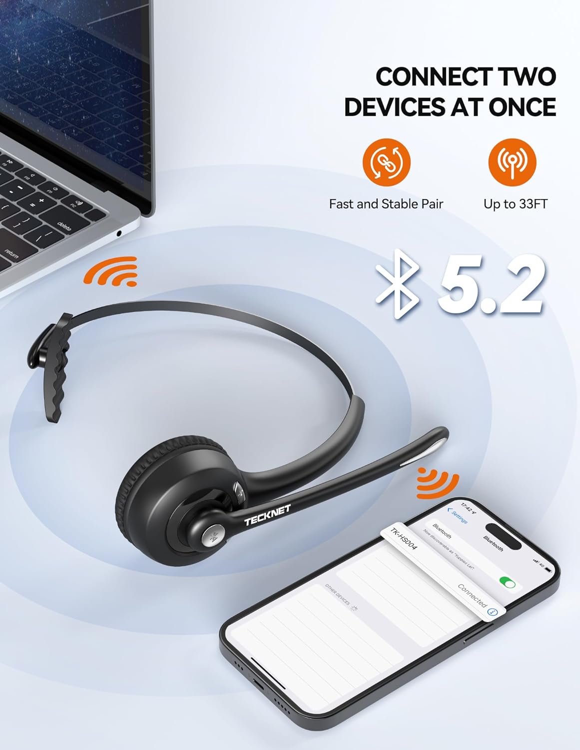 TECKNET Bluetooth Headset, Wireless Headset with Noise Canceling Microphone for Trucker, On-Ear Bluetooth Headphone with Mute Mic for Work