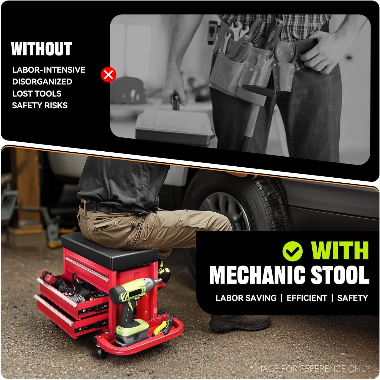 Auto Dynasty 3-Drawer Mechanic Rolling Seat, 350 LBS Capacity Roller Garage Shop Seat with Storage Tool Tray for Workshop, Repair Shop, Warehouse, Red