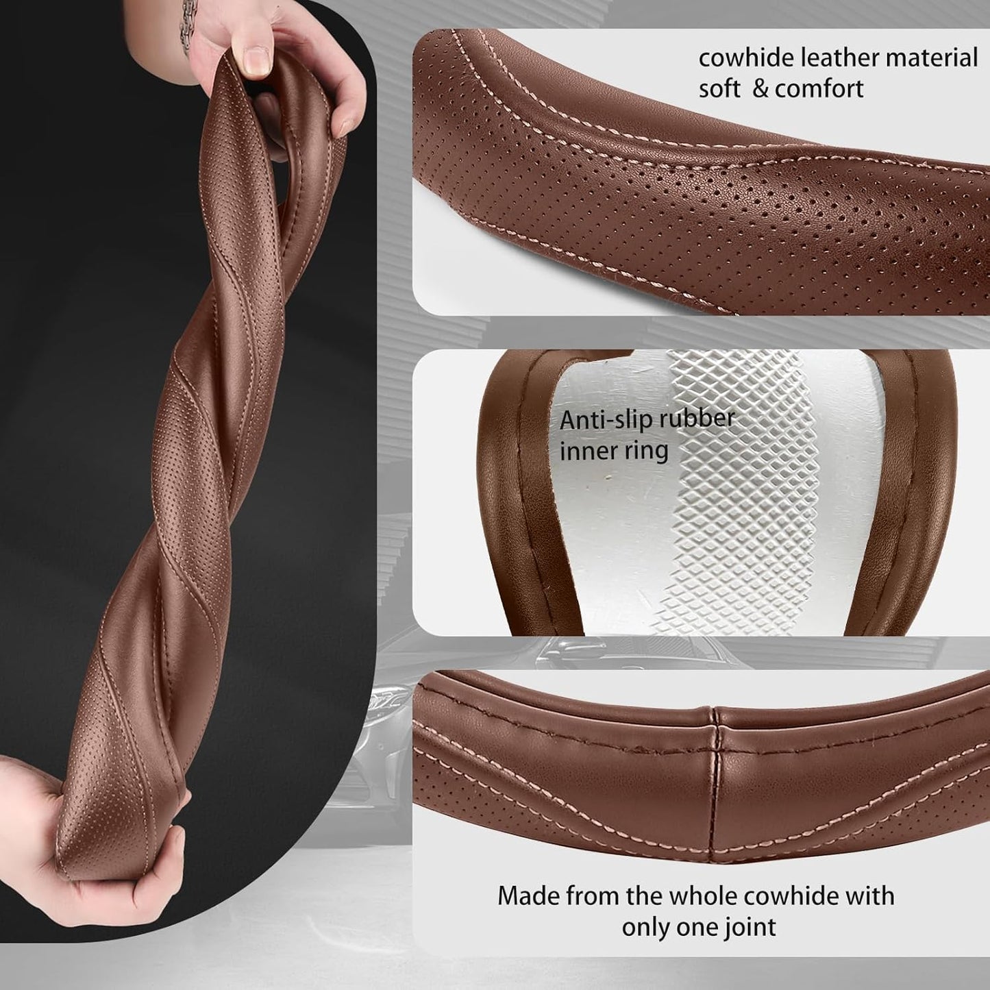 High-Grade Brown Genuine Leather Steering Wheel Cover for Men Women，Real Cowhide Leather Steering Wheel Cover for Cars,Universal 14.5-15 inch Steering Wheels