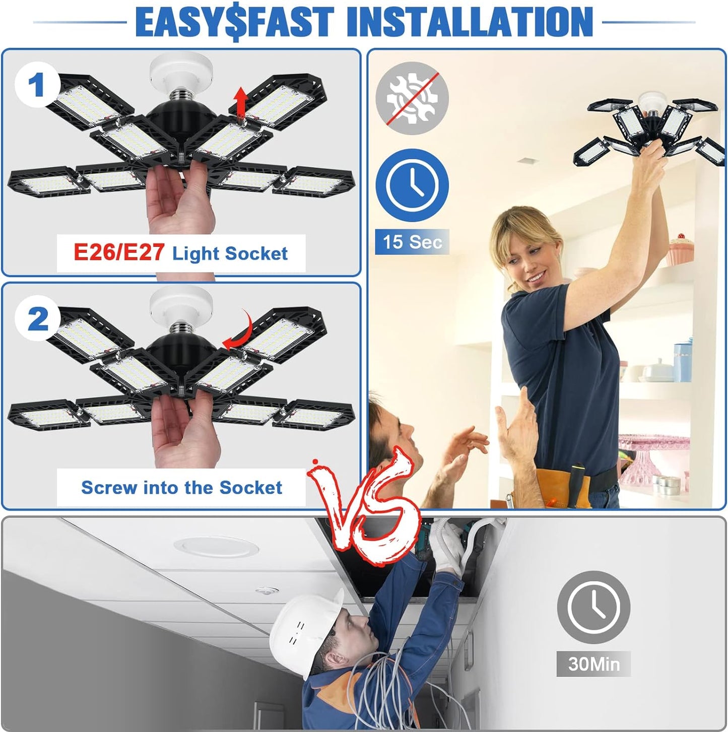 LED Garage Lights Bulb 10+1 Panels 2 Pack -200W, 20000LM 6500K Led Shop Light with 6+1 Deformable Panels, Ceiling Lights for Basement Barn Light Garage