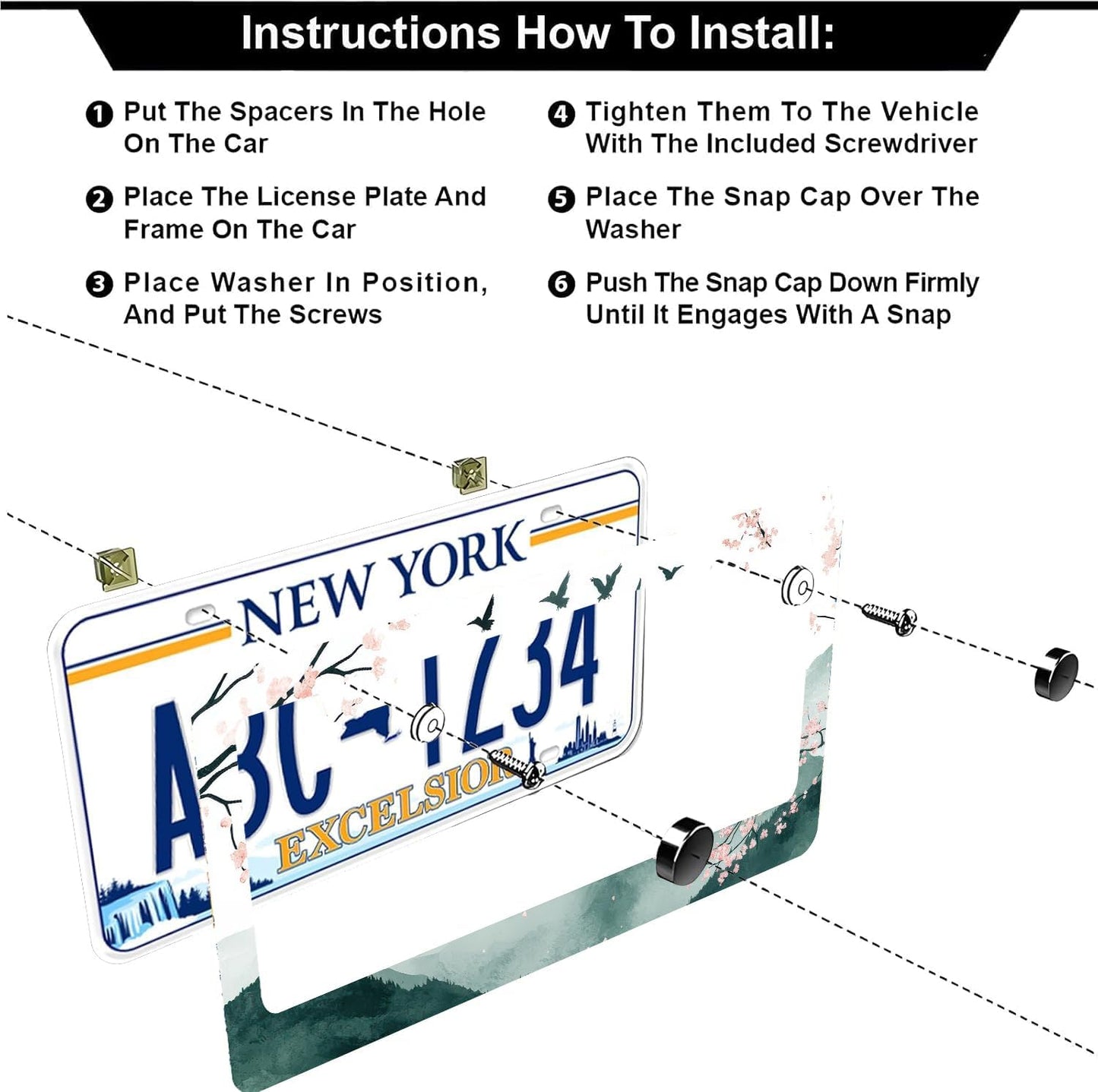 Mountains Cherry Blossom License Plate Frames - 2 Pcs Set 2 Holes Stainless Steel Metal Auto Car Accessories Decoration License Plate Frame Cover Size 6.3" x 12.2" Fit US Vehicles for Women Men Gift