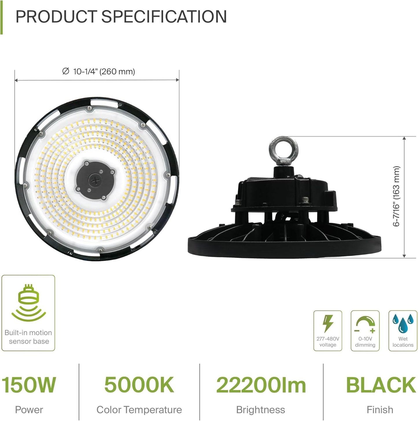 ASD LED High Bay UFO Light Fixture, Commercial Shop Lighting | Dimmable, IP69K Waterproof, DLC Premium, UL Listed | 150W 22000LM 5000K 277-480V | Warehouse, Garage, Workshop, Barn Lamp | Black, 6 Pack