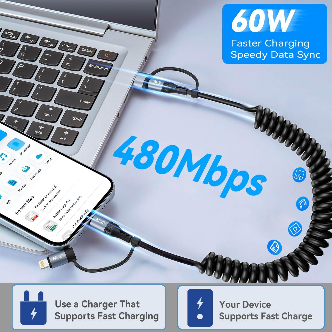 Coiled Lightning Cable [2Pack 4FT] 4 in 1 Multi Charging Cable 60W Fast Charging Retractable Charger Cord for iPhone 15/14/13/12/11 Pro Max/XS MAX/XR/XS/X/8/7/6 Plus/iPad/AirPods/MacBook/CarPlay (1)