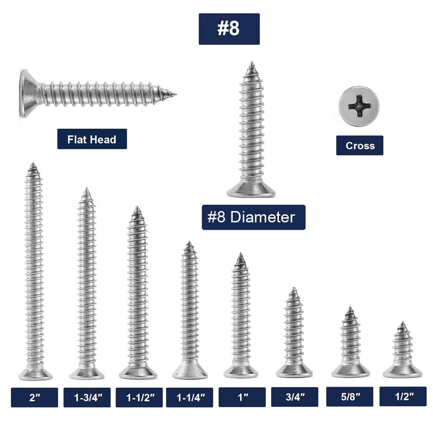 #8 x 3/4" Wood Screw 100Pcs 18-8 (304) Stainless Steel Screws Flat Head Phillips Fast Self Tapping Drywall Screws by SG TZH