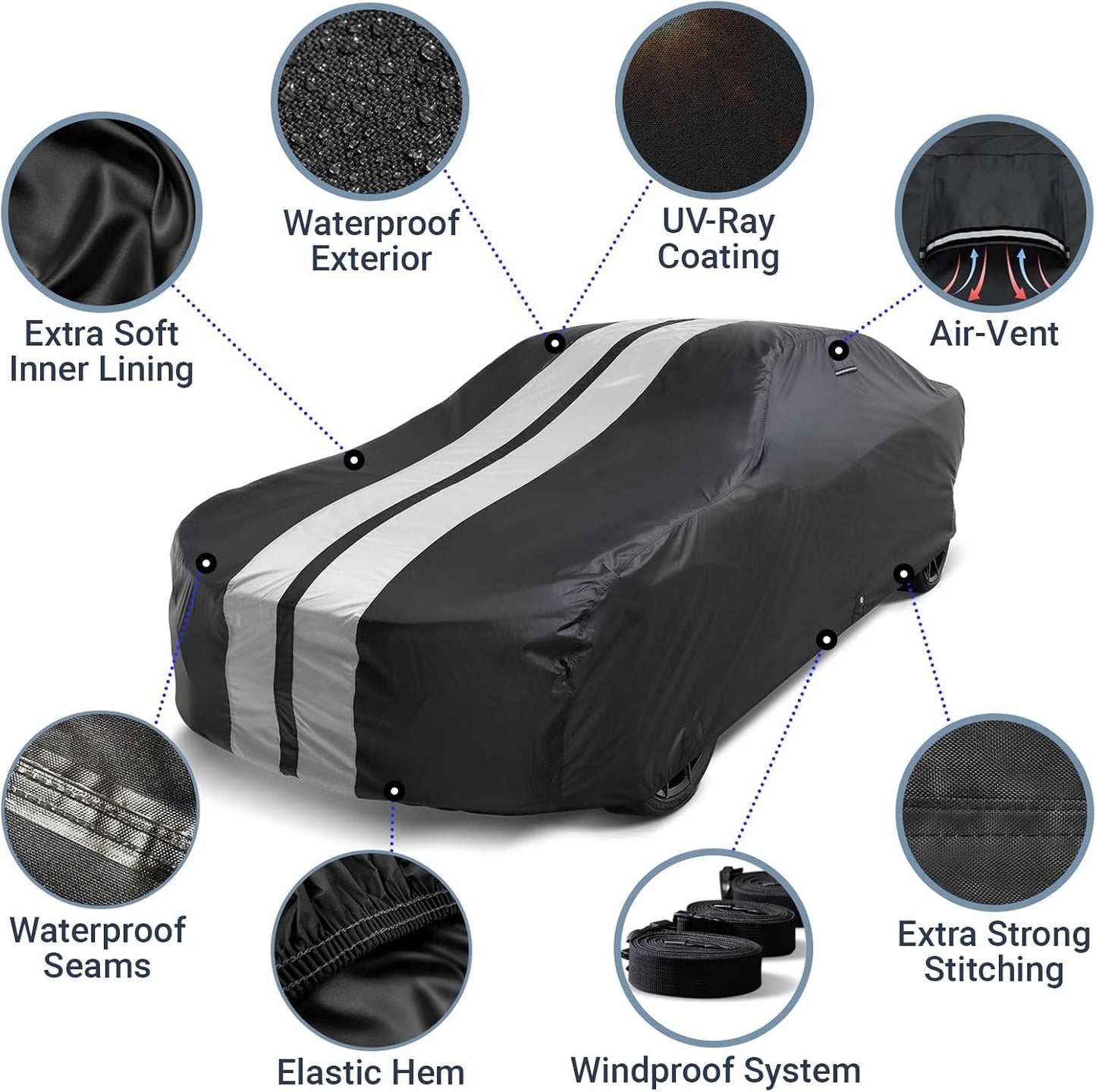 iCarCover Custom Car Cover for Pontiac Parisienne Wagon (1965-1970) Waterproof All-Weather Rain Snow UV Sun Protector Full Exterior Indoor Outdoor Car Cover (Stripe - Black/Gray)