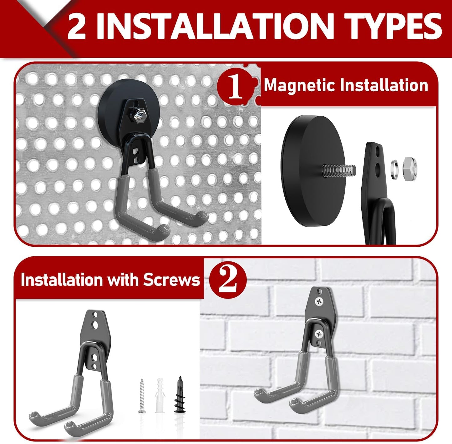 3-H Heavy Duty Magnet Garage Hooks 2 Pack, Large Strong Magnetic Hooks for Hanging Cordless Power Drill, Utility Magnetic Tool Holder for Metal Cabinet, Steel Pegboard, Toolbox, Garage(Grey)