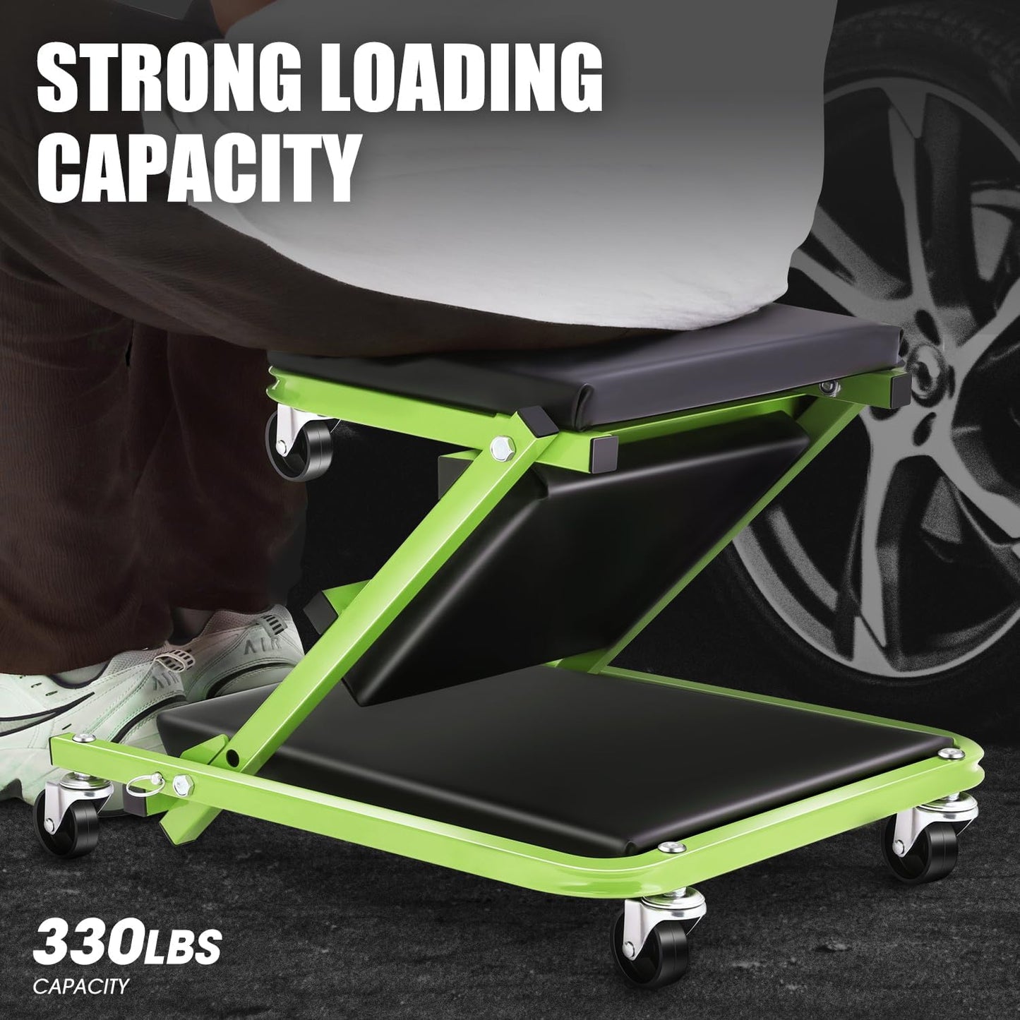DNA MOTORING 36 Inches 2 IN 1 Rolling Folding Car Creeper/Seat, 6 Pcs 2" Casters, 150kg Weight Capacity, Green, TOOLS-00185-GR