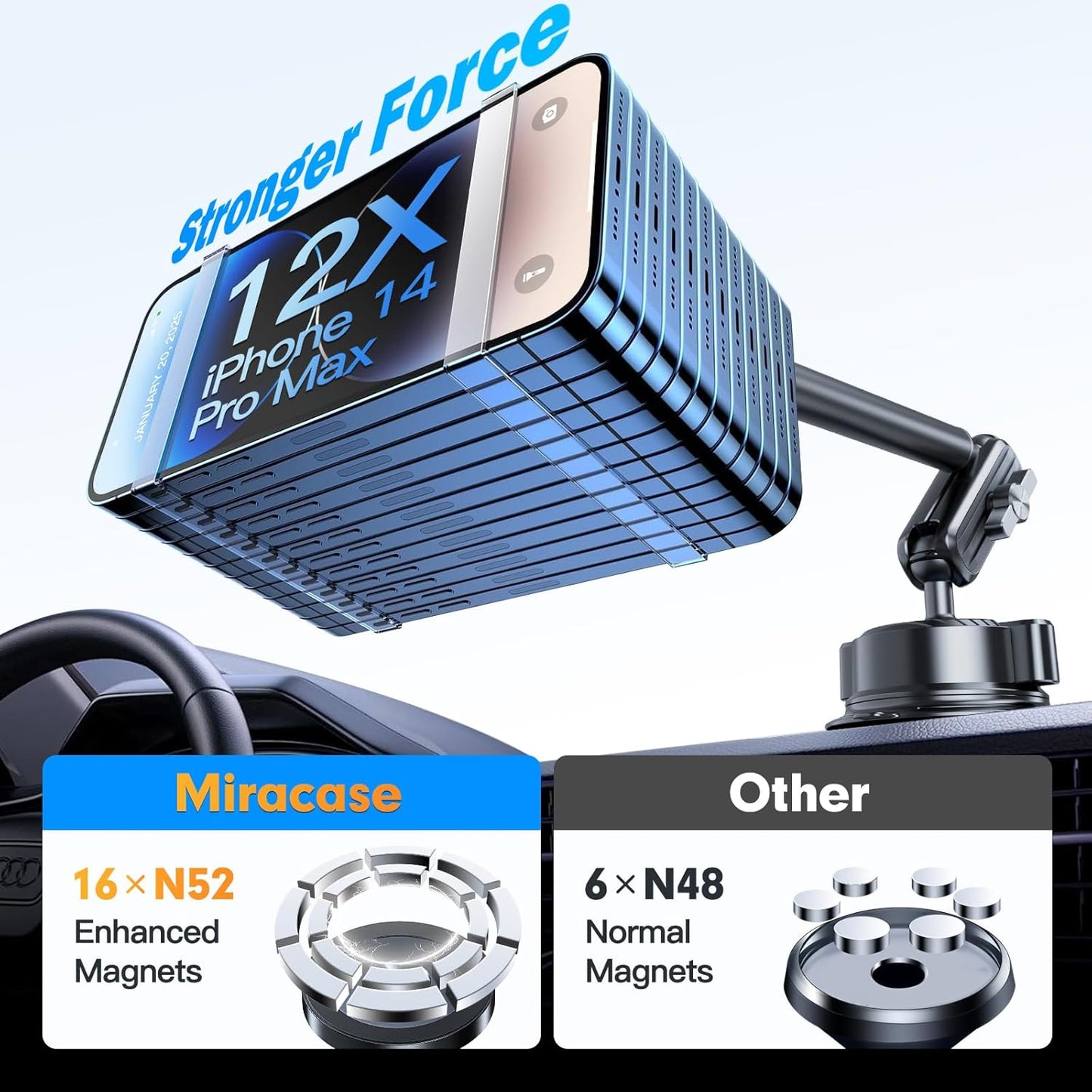 isuke for MagSafe Car Mount, [80+LBS Strongest Suction & Ultra-Durable] [16 Strongest Magnets] Aluminum Alloy Magnetic Phone Holder for Car Dashboard Windshield for iPhone Samsung All Smartphones