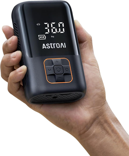 AstroAI Tire Inflator Portable Air Compressor Cordless Ultra-Lightweight Car Tire Pump 150 PSI Bike Pump with LED Lights & Digital Screen Air Pump for Cars, Motorcycles, E-Bikes, Balls-Black,Regular