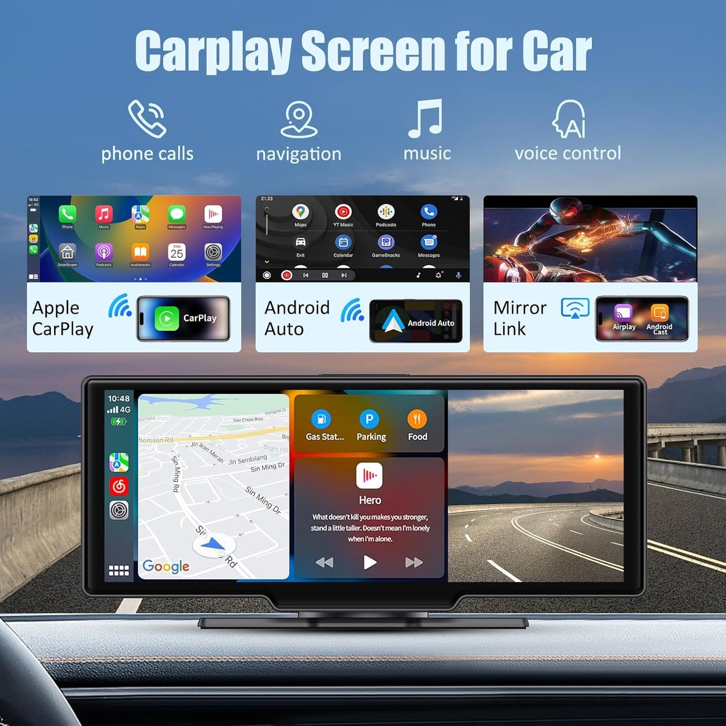 Wireless Carplay Screen, 10.26"Portable Car play & Android Auto Touch Screen, Bluetooth Double Din Car Stereo with 4K Dash Cam,1080P Backup Camera/Mirror Link/Voice Control/GPS/AUX/FM for All Vehicles