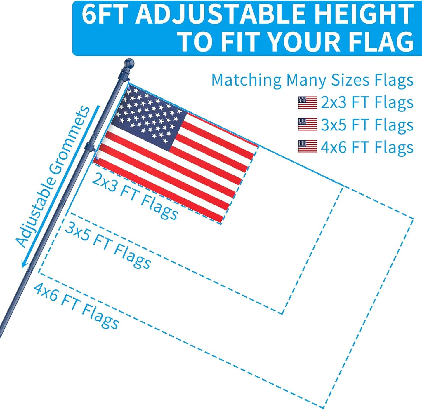 ZMTECH Flag Pole - Upgraded Bracket,(2 Packs) 6 FT Stainless Steel Flag Poles for Outside House, Residential or Commerical, Tangle Free Flag Pole Kit for American Flag (Without Flag, Blue)