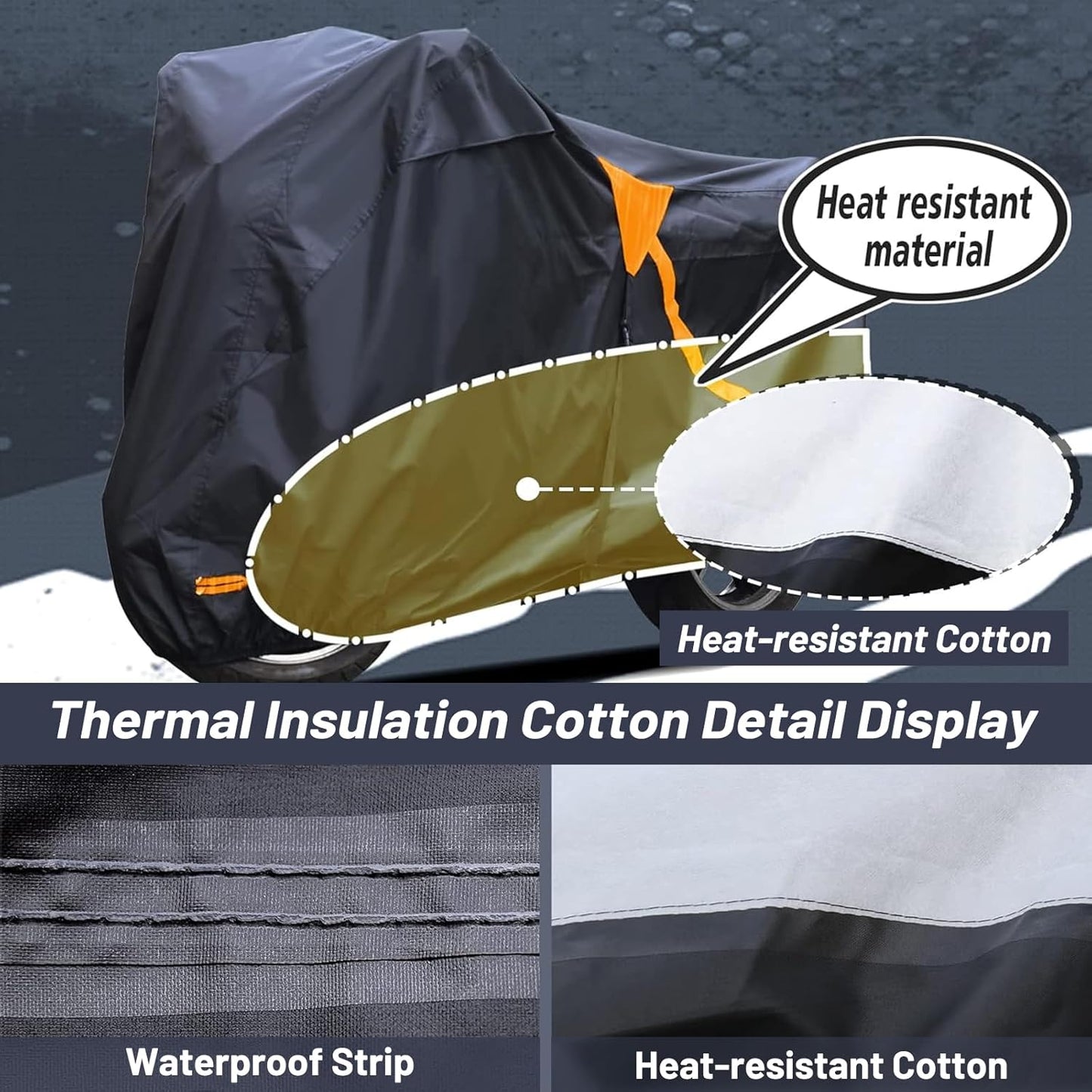 Motorcycle Cover,Waterproof Zipper Outdoor Cover for All Seasons Windproof, High Heat Resistance Dustproof and Rainproof Snowproof(Orange Zipper XL Fits Up to 97 inch)