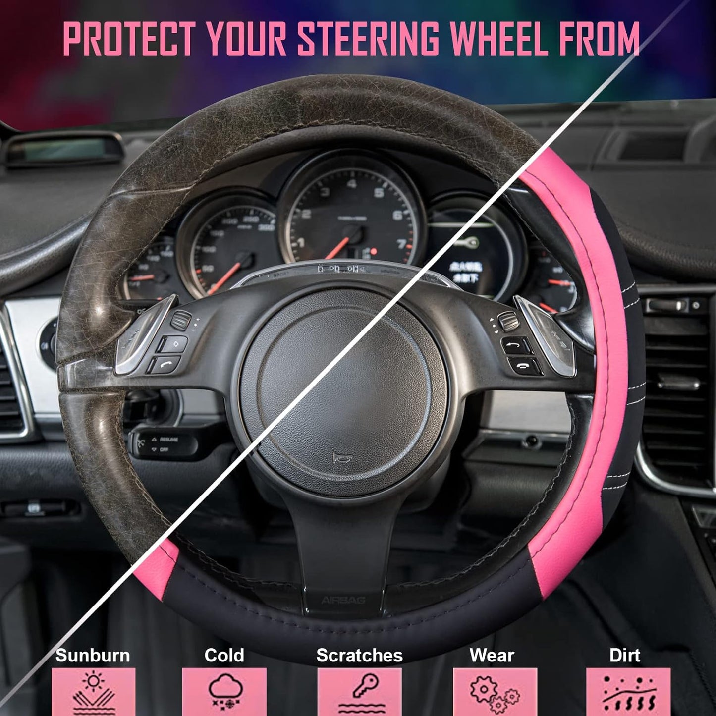 CAR PASS Line Rider Microfiber Leather Sporty 14.5-15 inch Steering Wheel Cover Universal Fits for 95% Truck,SUV,Cars, Anti-Slip Safety Comfortable Design (Black Pink)