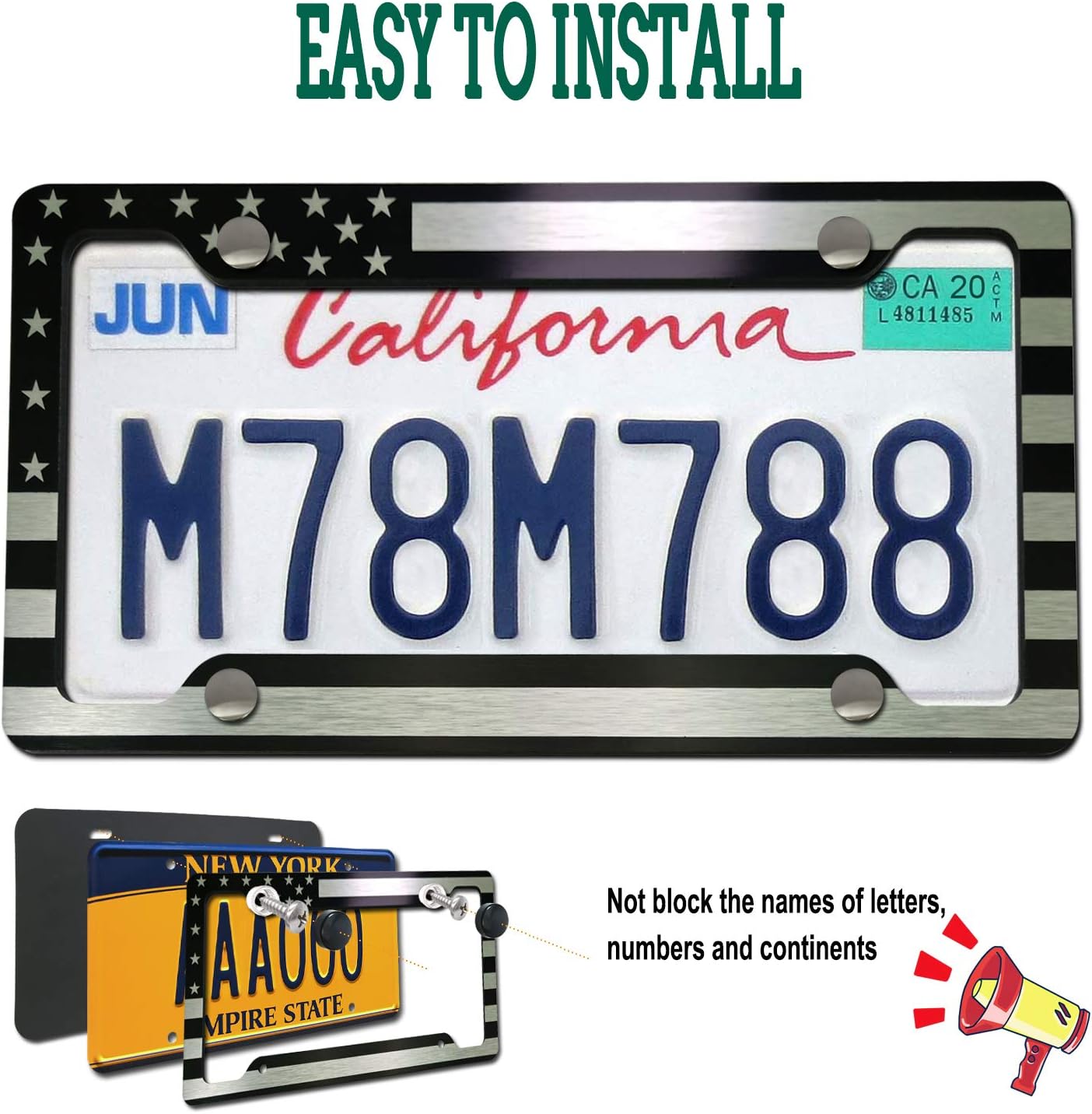 Flag License Plate Frame- USA Patriotic Personalized Car Tag Holder, 4 Hole Black Heavy-Duty Aluminum Bracket, Novelty Thin Cover for Front Bumper, Truck or SUV, Screws, Caps, Flag Decal