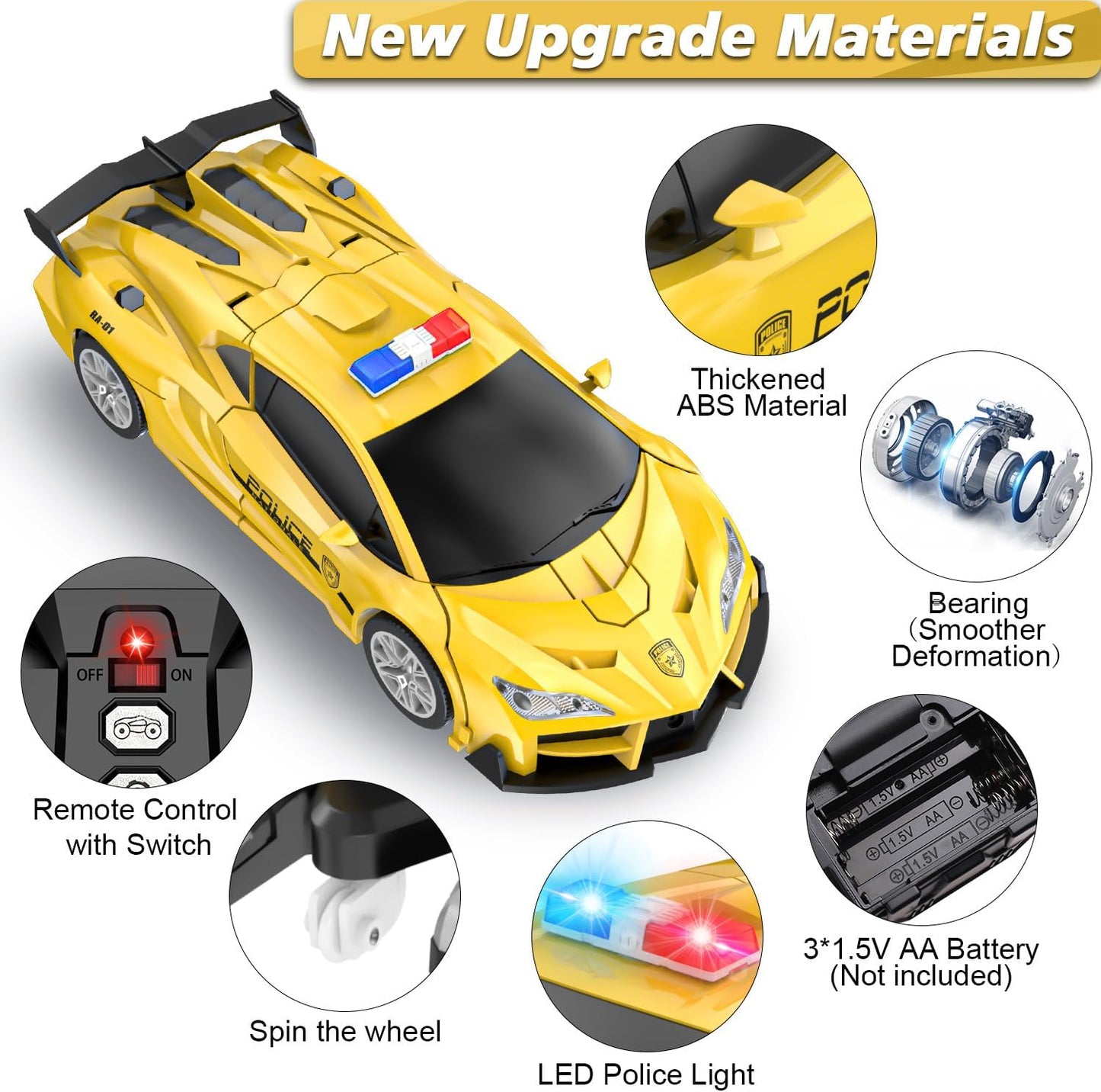 Remote Control Car for Boys 4-7, 2.4GHz RC Car 1:18 Scale, One-Button Transforming Toy with 360° Spins, LED Lights（Yellow）