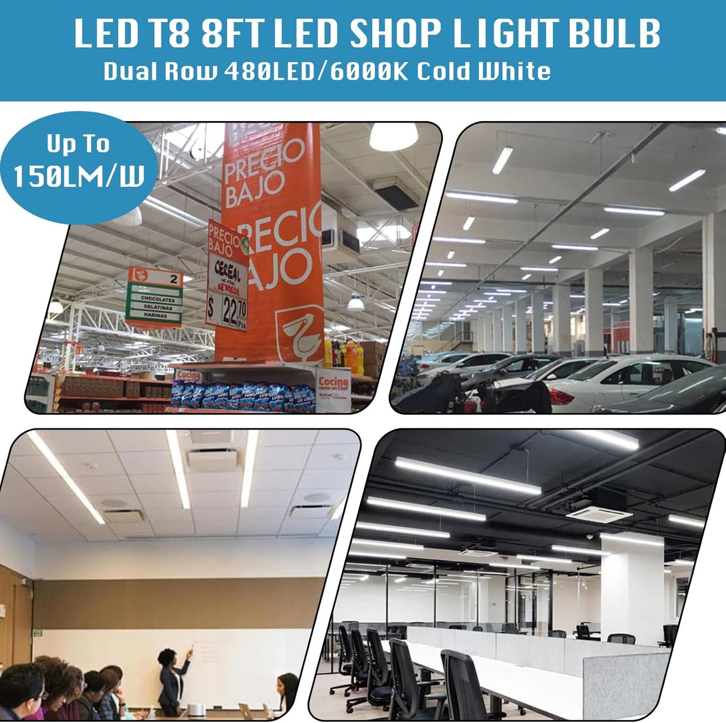25 Pack, T8/T10/T12 8FT LED Tube Light, Single Pin FA8 Base, 100W 6000LM 6000K Cold White, 270 Degree V Shaped LED Fluorescent Bulb (200W Equiv.), Clear Cover, Dual-Ended Power