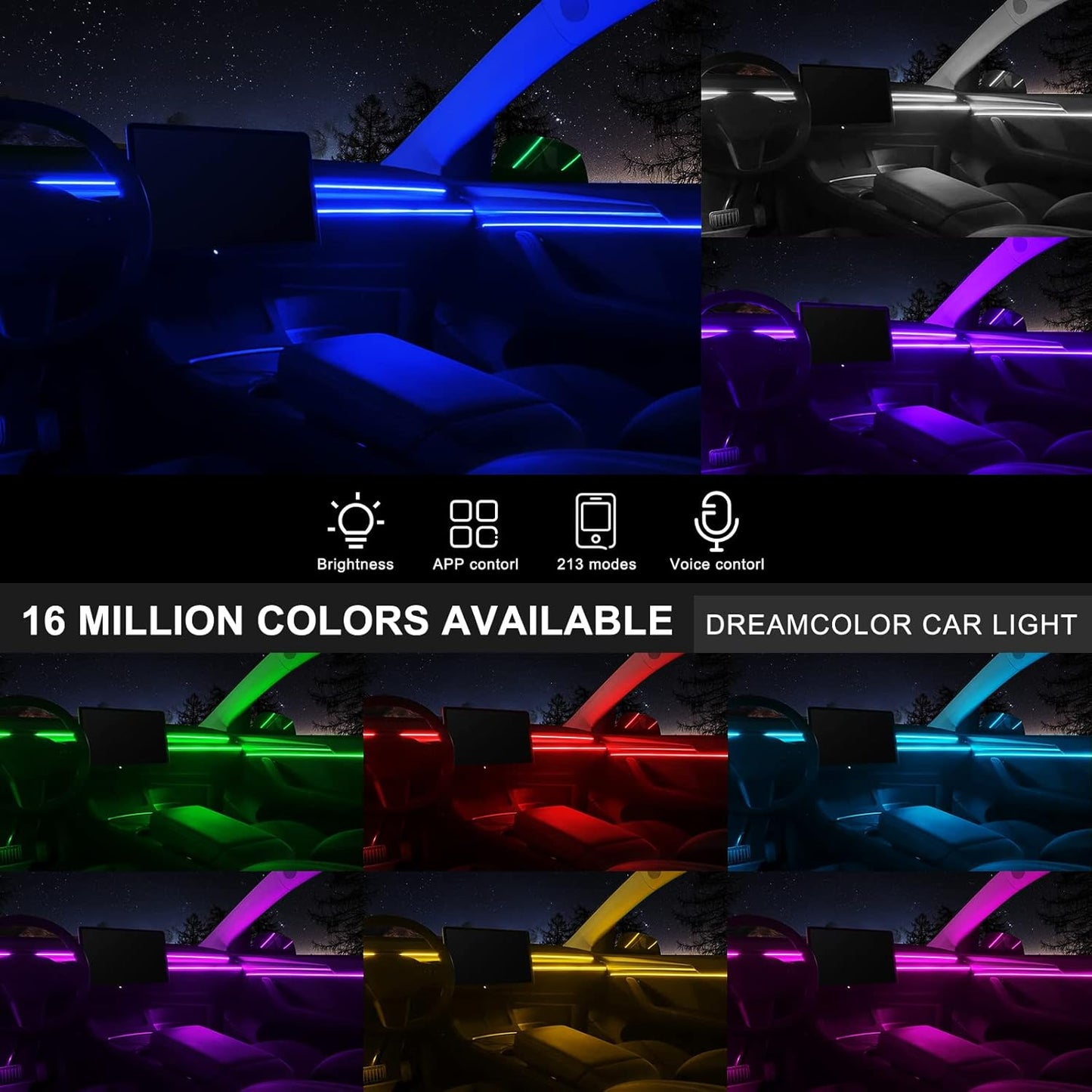 Acrylic Interior Car LED Strip Light with Wireless APP, RGB 6 in 1 with 175 inches 593 LEDs Fiber Optic Ambient Lighting Kits, 16 Million Colors Sound Active Function Car Neon Lights