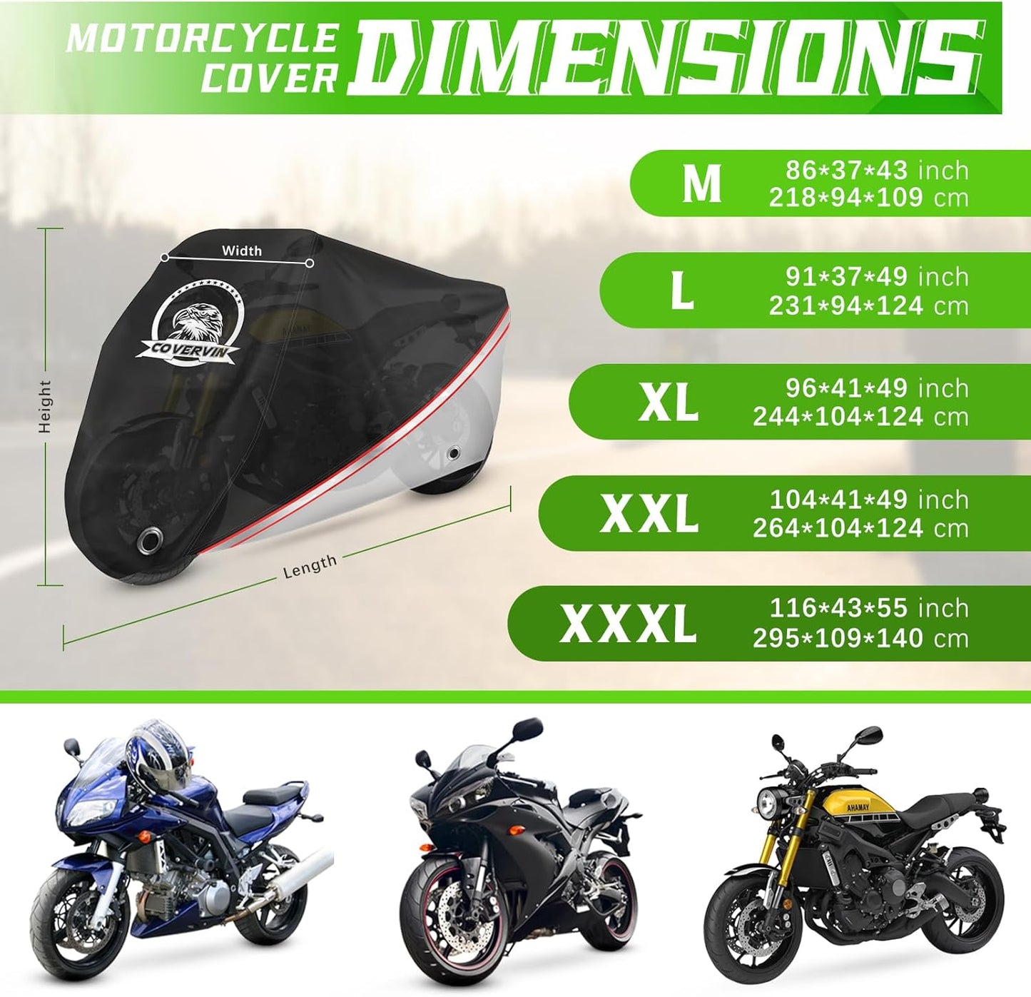 COVERVIN Motorcycle Cover, All Weather Outdoor Waterproof Night Protection with Reflective Strips, Locking Holes and Storage Bag for 86 Inch Suzuki, Kawasaki, Honda, Harley-Davidson(Silver M)