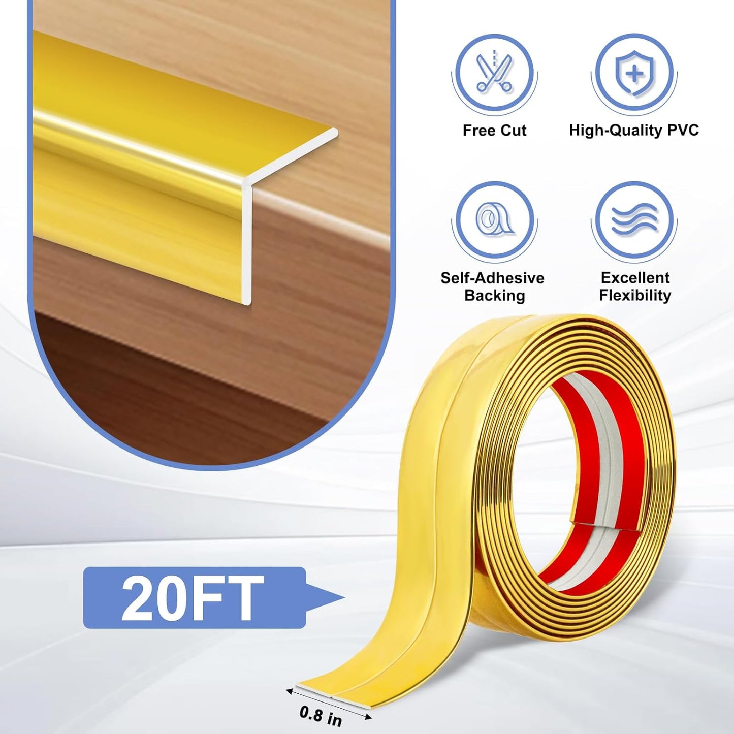 Wall Corner Protector Moulding Trim Peel and Stick Wall Corner Guards Trim Flexible Self Adhesive Edge Protector Moulding, 0.8 in x 20 Ft, Gold