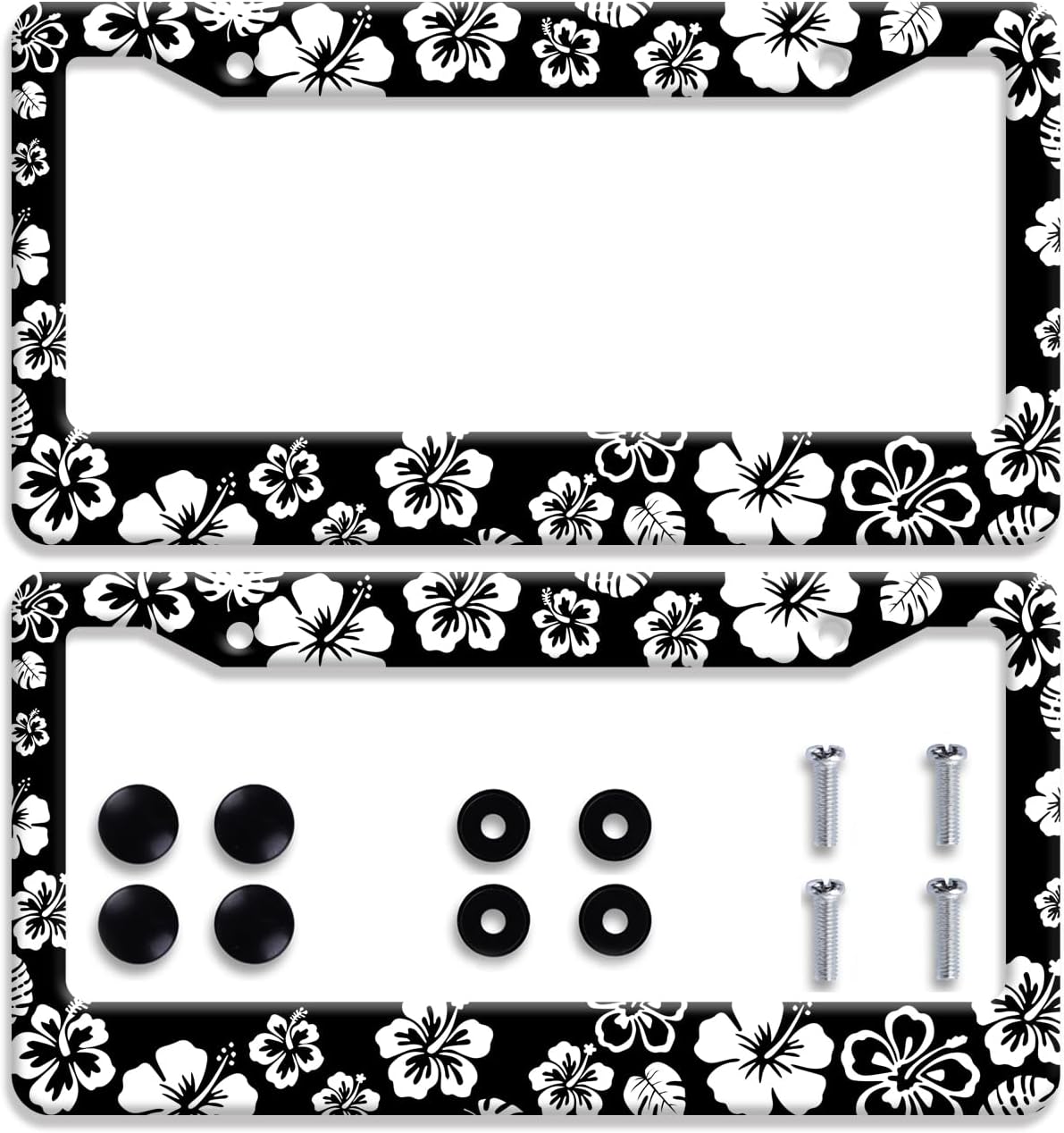 【2Pcs】 White Hibiscus Hawaii License Plate Frames Round Hole Personalise License Plate Frame Car Universal Accessories Stainless Steels Cars Decor Fits Standard US Vehicles Size: 12.2 x 6 Inches