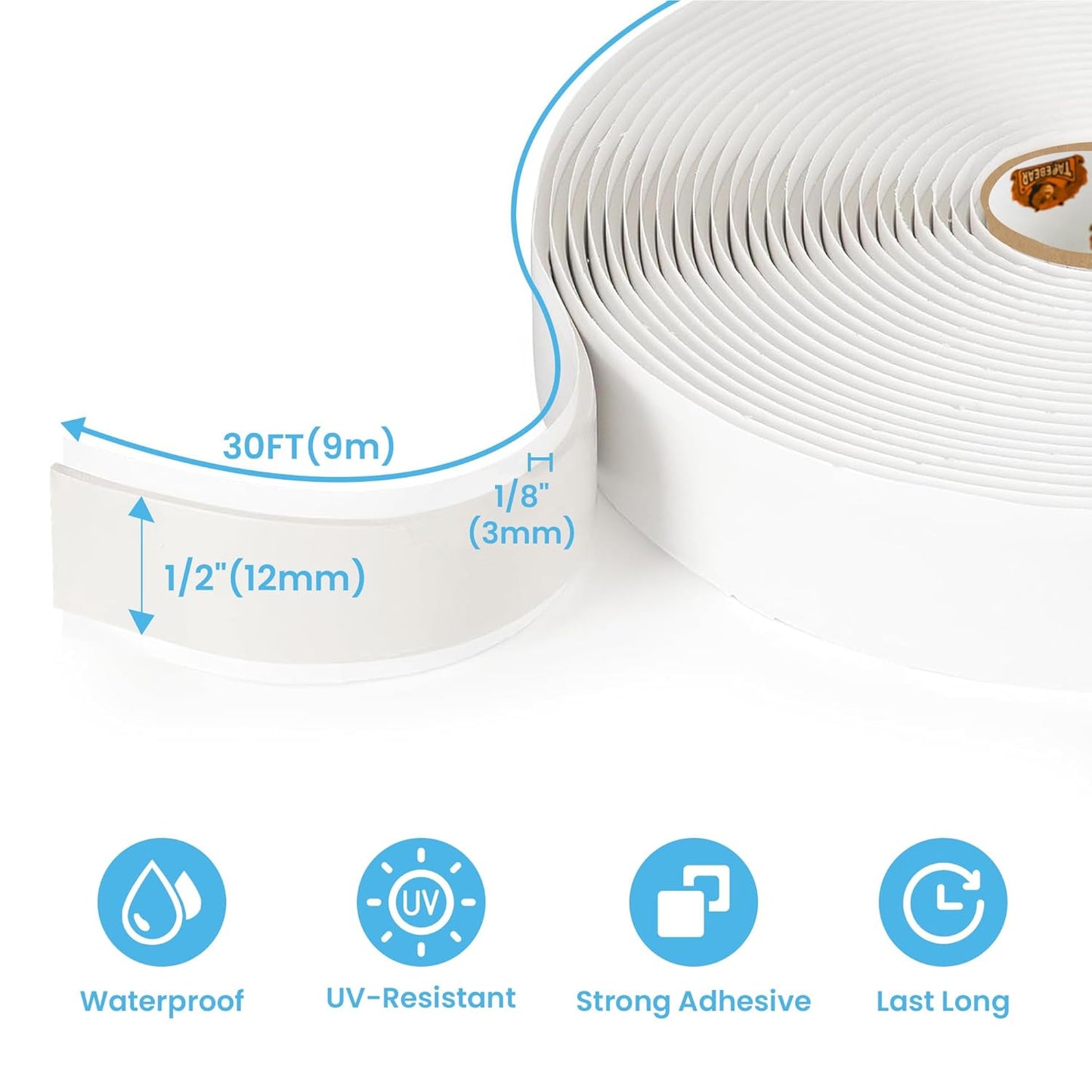 Butyl Tape White 1/2" x 30' x 1/8" RV Tape Sealant Waterproof, White Butyl Caulking Tape, Stretchable Butyl Sealant Tape Headlight Sealant Putty Tape EPDM Auto RV Window Sealant