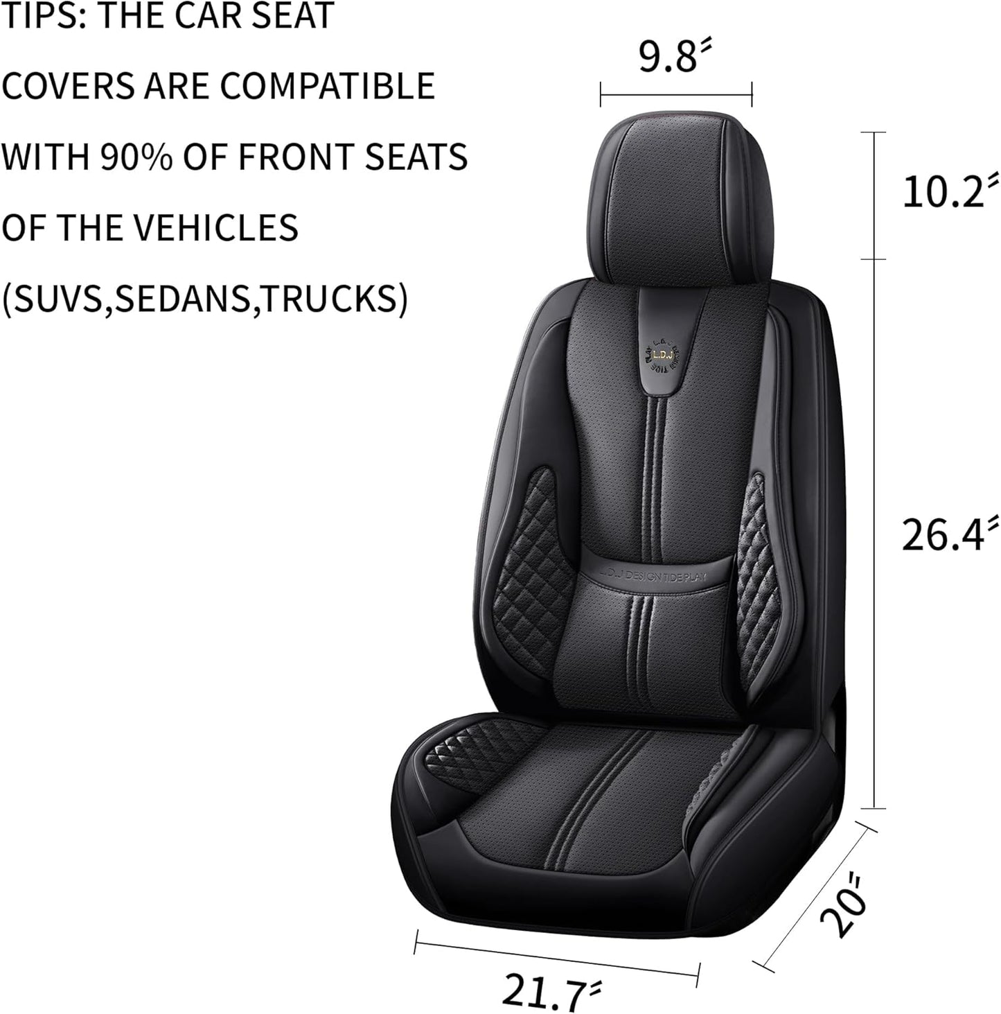 Car Seat Covers Front Only, Black Seat Cover for Cars Compatible Airbag, Easy Install Luxury Leather Automotive Seat Covers with Lumbar Support, for Car, Truck, SUV, Black