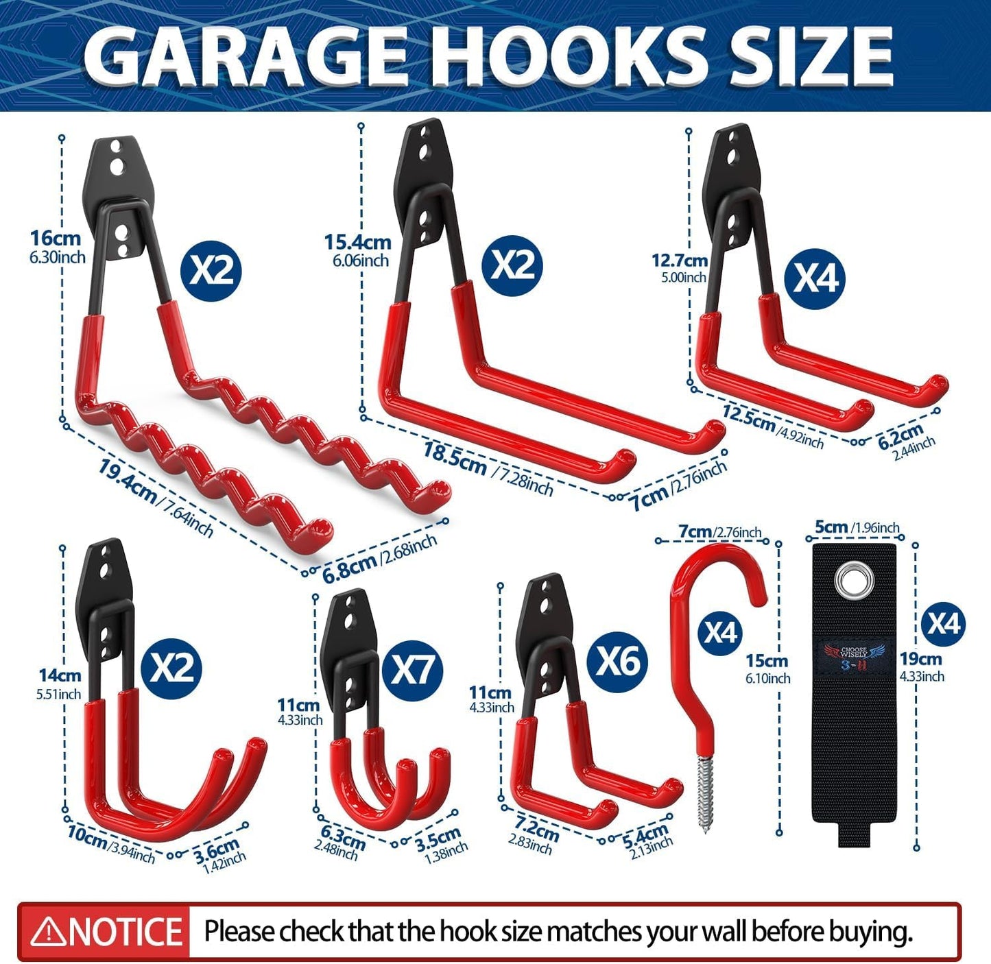 3-H Garage Wall Hooks 45 Pack, Garage Hooks Heavy Duty with Extra Welding Spots, Garage Organizer for Garden, Lawn, Chairs, Ladders, WeedEater, Shovel (Red)