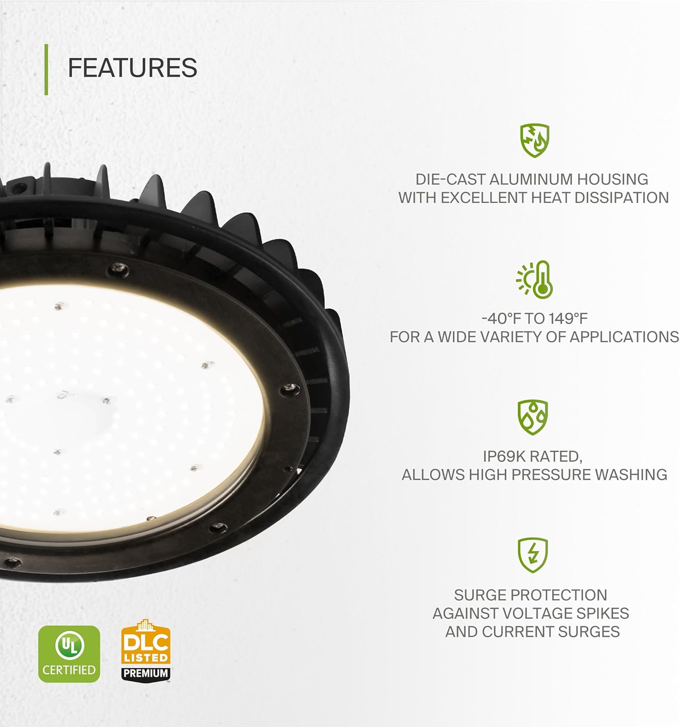 ASD LED High Bay UFO Light Fixture, Commercial Shop Lighting | Dimmable, IP69K Waterproof, DLC Premium, UL Listed | 100W 14600LM 3500K 100-277V | Warehouse, Garage, Workshop, Barn Lamp | Black, 6 Pack