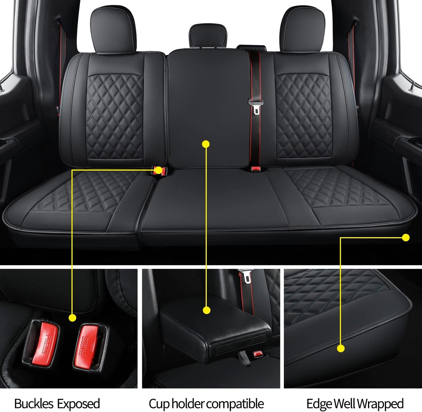 LUCKYMAN CLUB F150 Faux Leather Seat Covers Fit for 2015-2024 2025 F150 SuperCrew and 2017-2025 F250 F350 F450 Super Duty Crew Cab Pickup Trucks(Rear,Black)