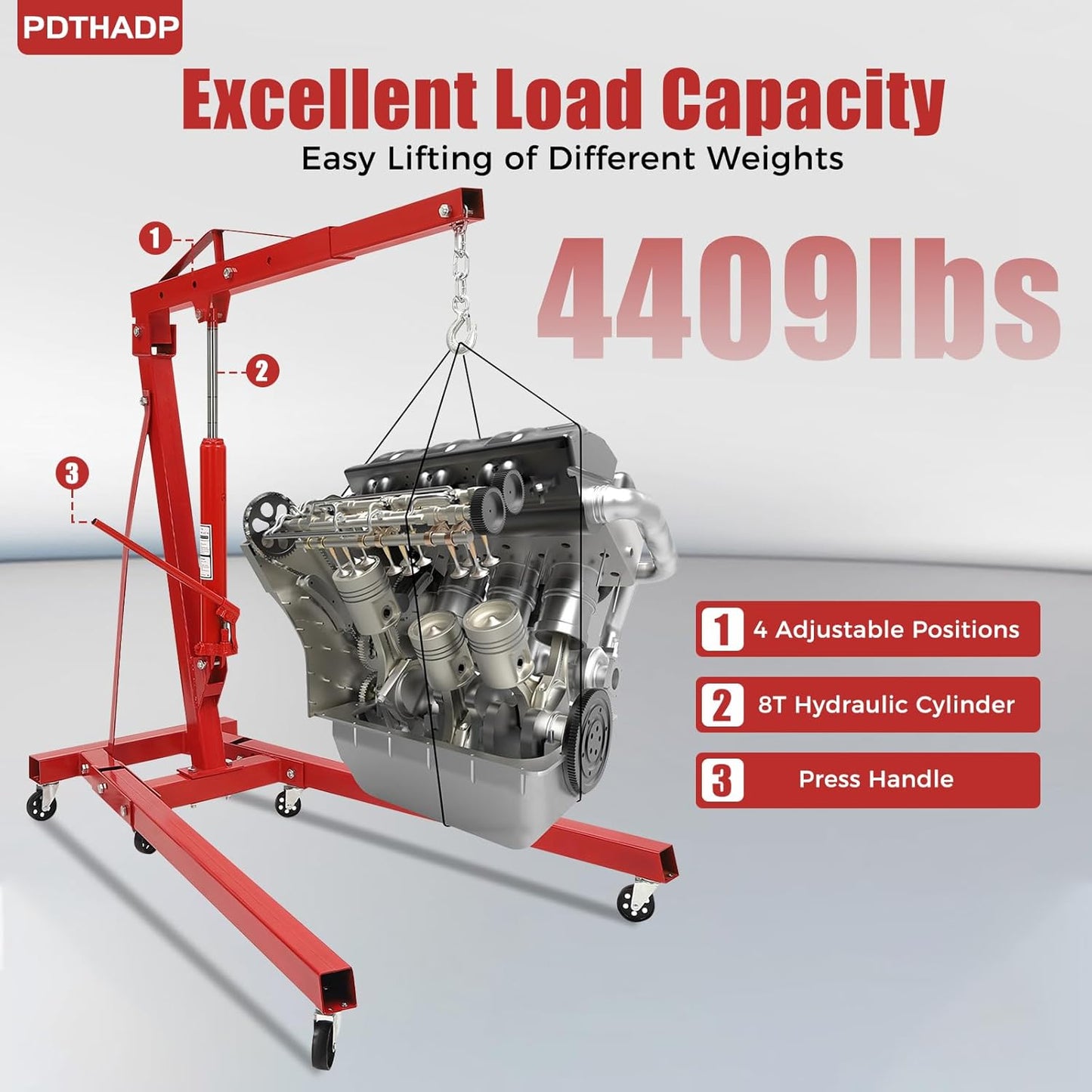 Engine Hoist 2 Ton Folding Engine Lift Folding Cherry 6.89Ft Picker Shop Crane Hoist Lift with 6 Wheels Engine Crane Folding Engine Hoist for Car Fixing Workshops Garages (Red)