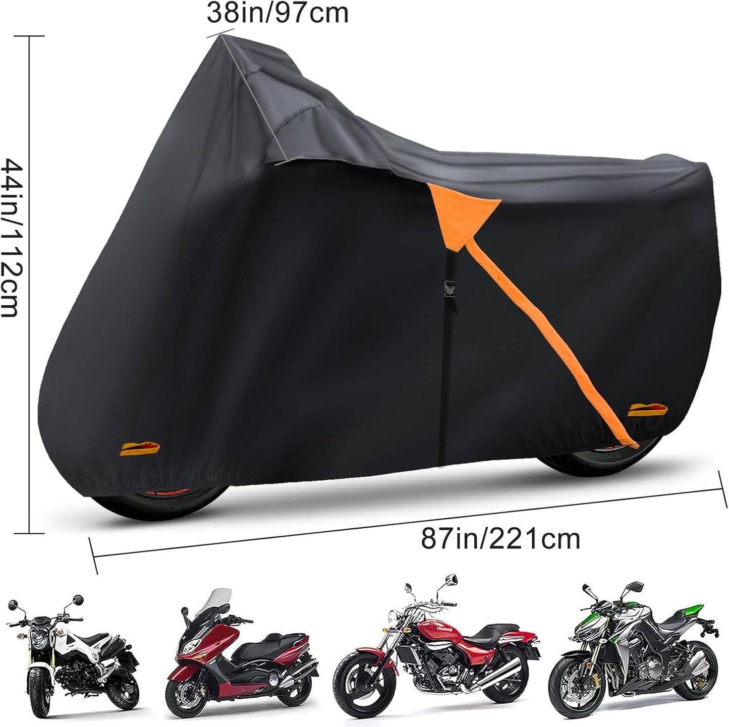 Motorcycle Cover,Waterproof Zipper Outdoor Cover for All Seasons Windproof, High Heat Resistance Dustproof and Rainproof Snowproof(Orange Zipper M Fits Up to 87 inch)
