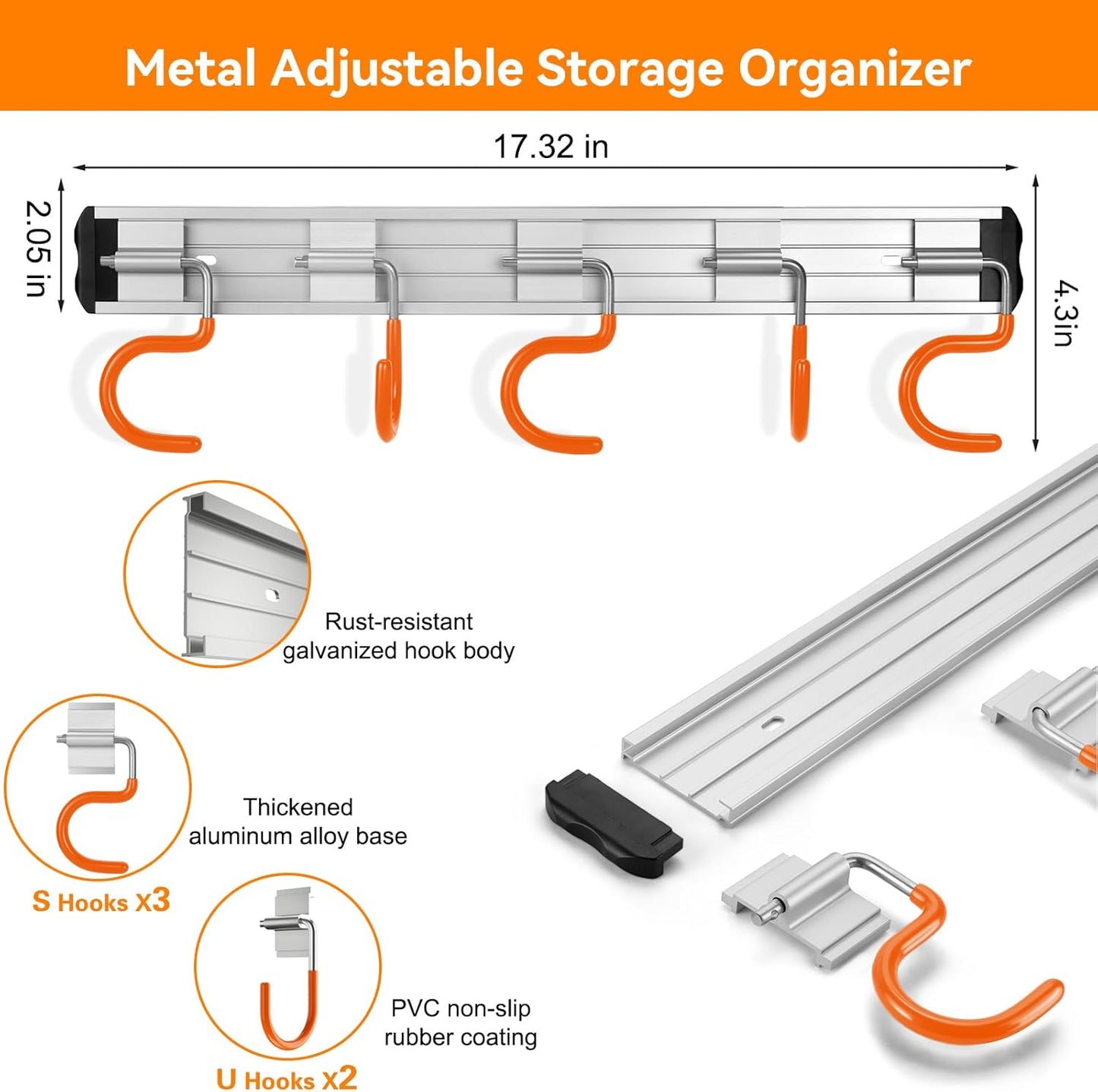 69'' Aluminum Alloy Garage Tool Organizer Hooks,Broom Holder Wall Mount, Adjustable Garden Wall Mount Holder for Hanging Shovel Broom Rake Bulk Items and More