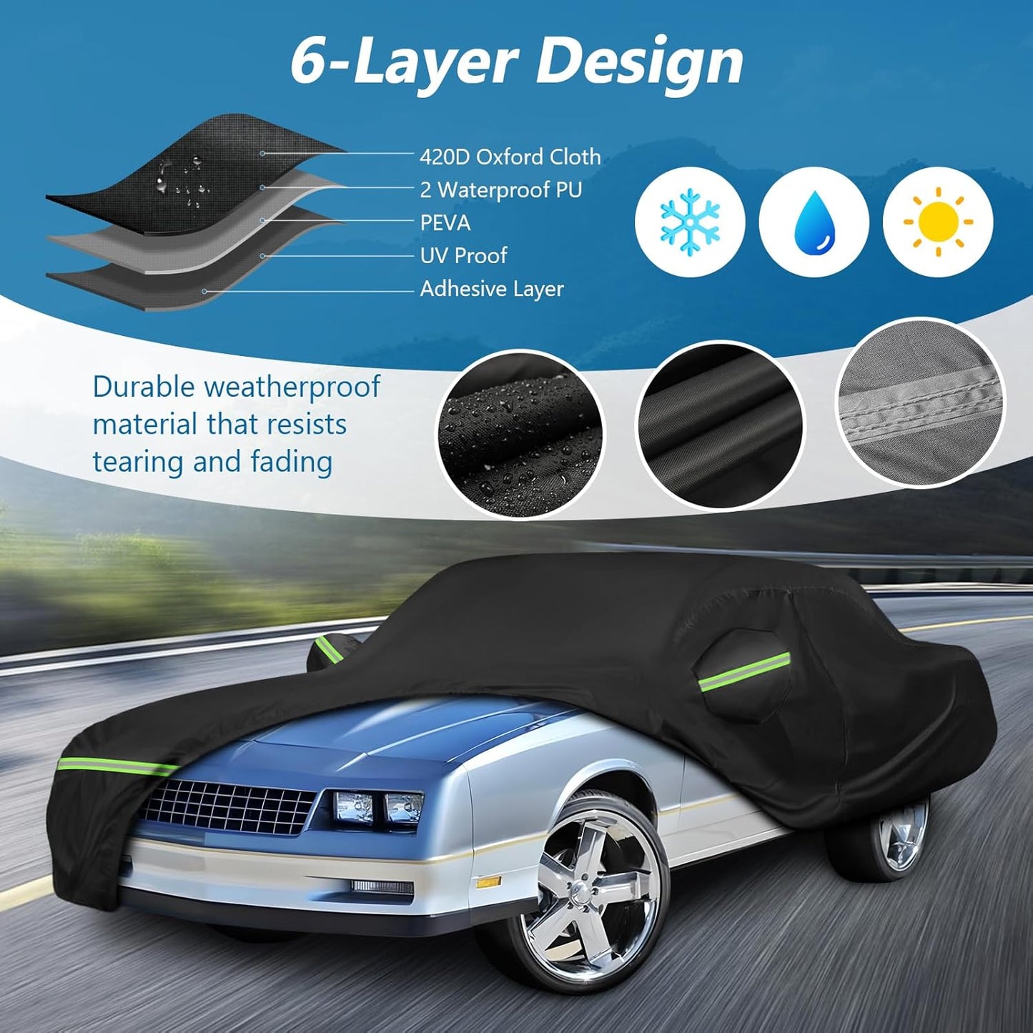 Waterproof Car Covers for Chevy Monte Carlo 1970-1988, 420D Oxford Cloth Sun Heat Protection Outdoor Full Covers with Driver Side Zipper Windproof Heavy Duty All Weather for 1970-1988 Monte Carlo