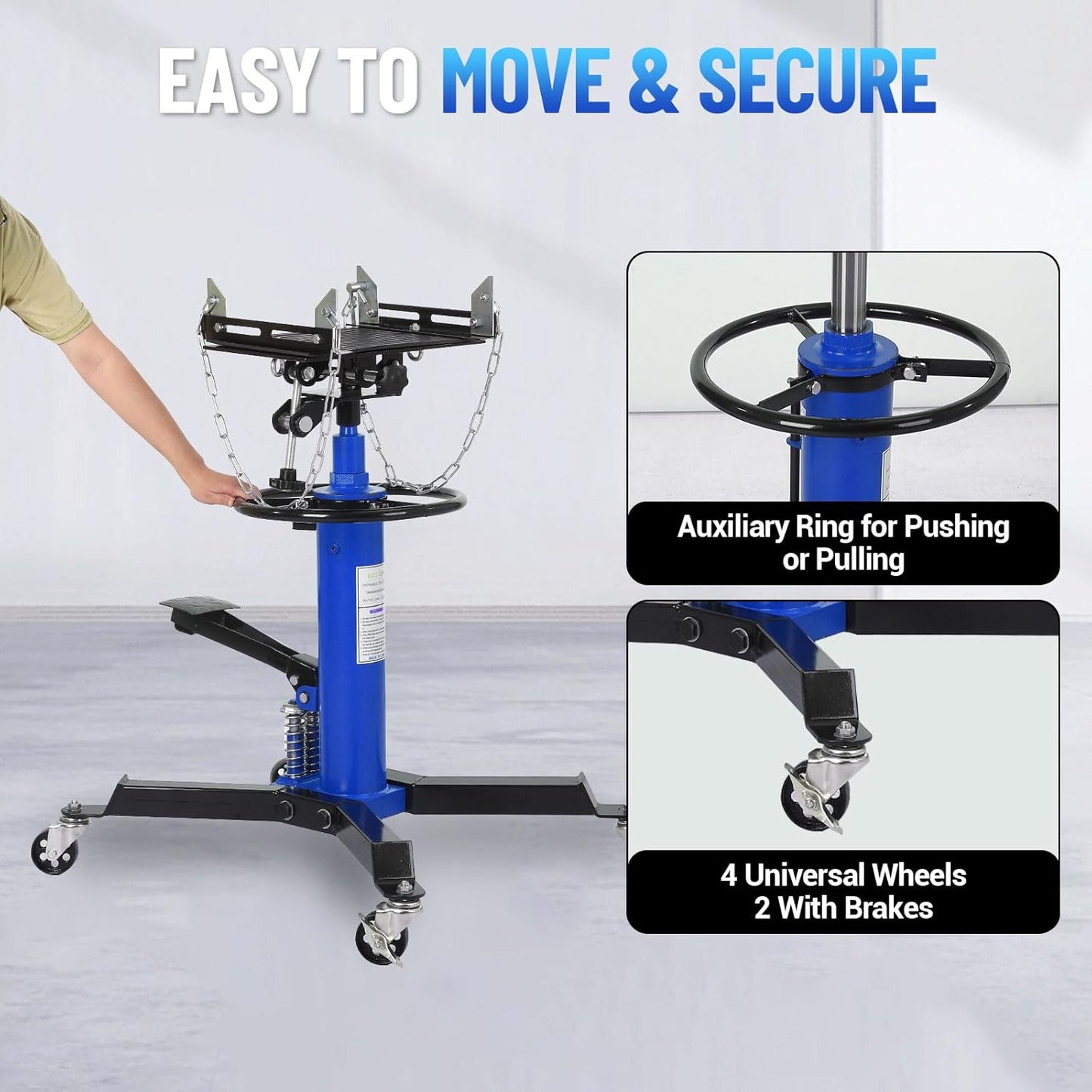 Dual Plunger Hydraulic Transmission Jack 1322lbs Capacity, 33.5"-69" High Lift 2-Stage Hydraulic Telescoping Jack, Trans Jack Stand with 8MM Non-Slip Pad, Foot Pedal & Swivel Wheel, Blue