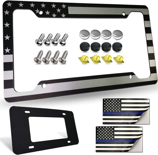 Flag License Plate Frame- USA Patriotic Personalized Car Tag Holder, 4 Hole Black Heavy-Duty Aluminum Bracket, Novelty Thin Cover for Front Bumper, Truck or SUV, Screws, Caps, Flag Decal