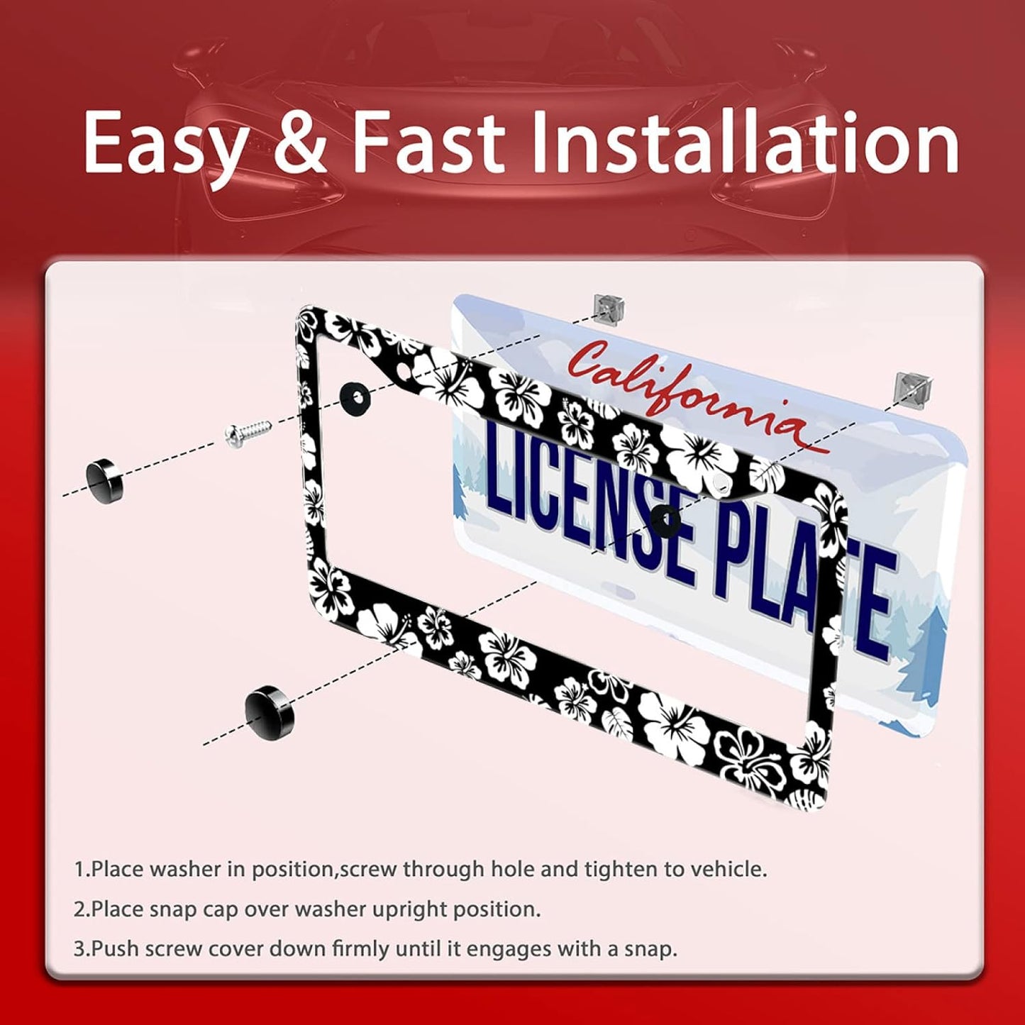 White Hibiscus Hawaii Flowers License Plate Frames Floral Round Hole Personalise License Plate Frame Car Universal Accessories Stainless steel Cars Decor Fits Standard US Vehicles Size 12.2 x 6 Inches