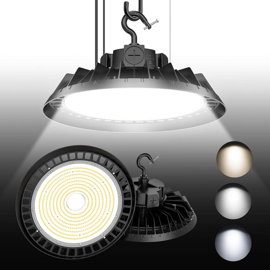 LED High Bay Lights, 150W UFO High Bay LED Shop Lights, 22500LM Adjustable CCT(5700K 5000K 4500K) & Power(150W 120W 80W), 0-10V Dimmable, 5' Cable Plug, IP65 Waterproof, ETL & DLC Listed High Bay
