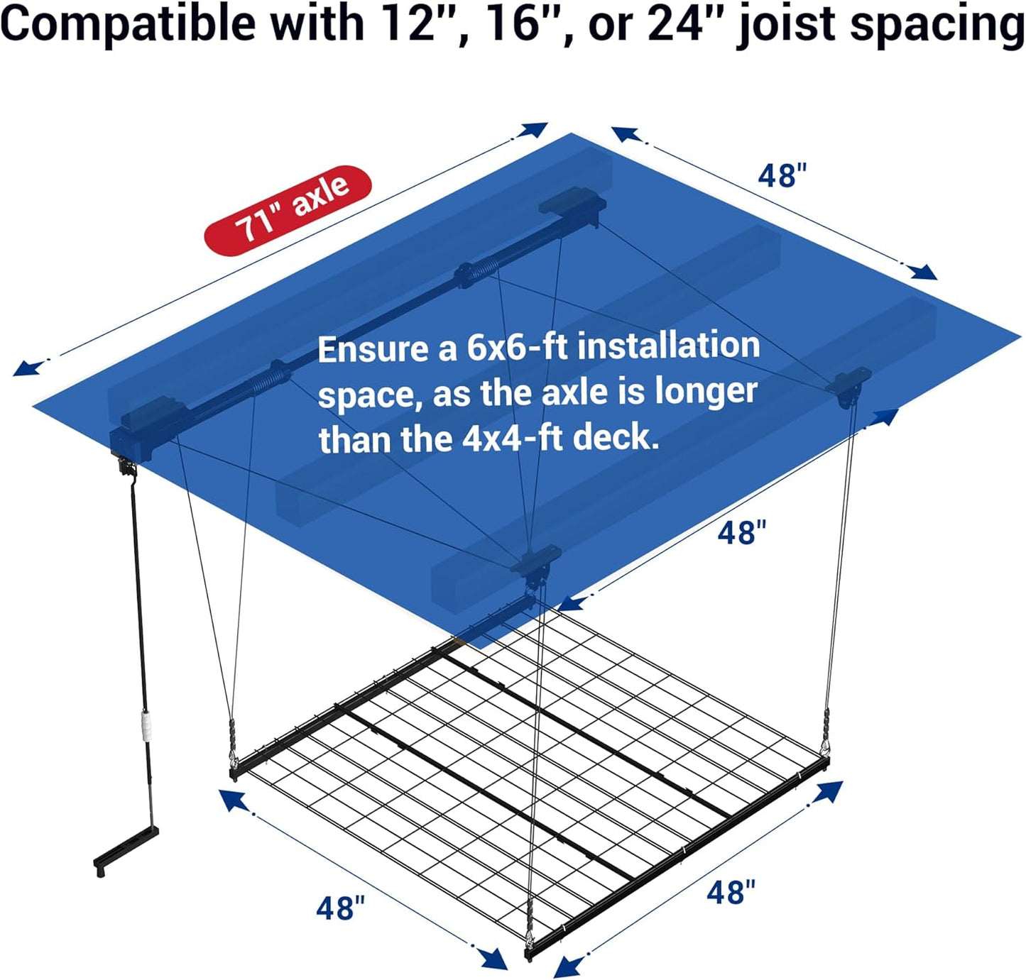 FLEXIMOUNTS GL1 Overhead Garage Lifting Storage Rack, 4x4 Ft Heavy-Duty Metal Garage Ceiling Rack, Adjustable Organization System With 71''L Axle, 300lbs Weight, Black