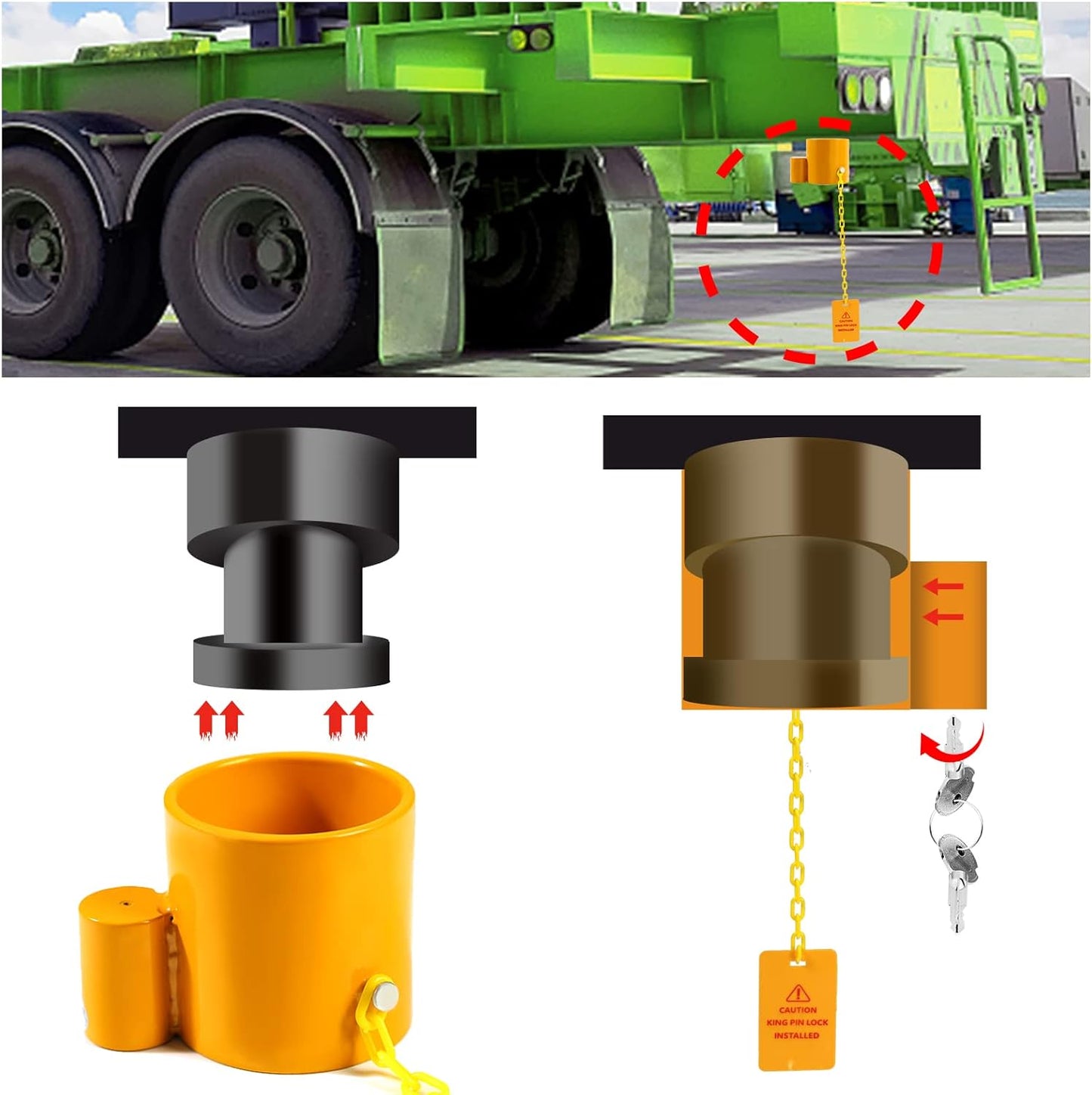 5-Wheel Solid Steel Trailer King Lock Anti-Theft, Trailer Hitch Locks with Bright Yellow Warning Label and 2 Keys, Suitable for RVs, containers, and Trailers.